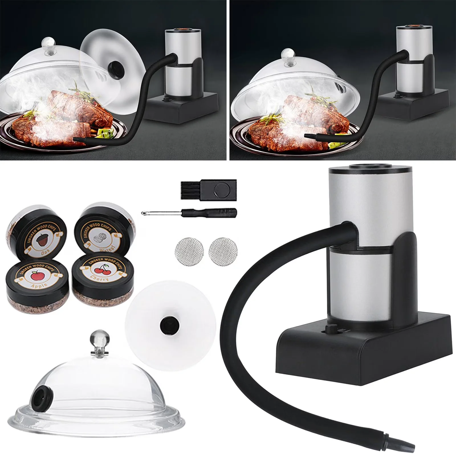 Modern Smoker with Cold Smoker, Wood Chips & Cleaning Brush Cold Food - Aluminum Alloy Black for Indoor, Outdoor Model FB5AAA