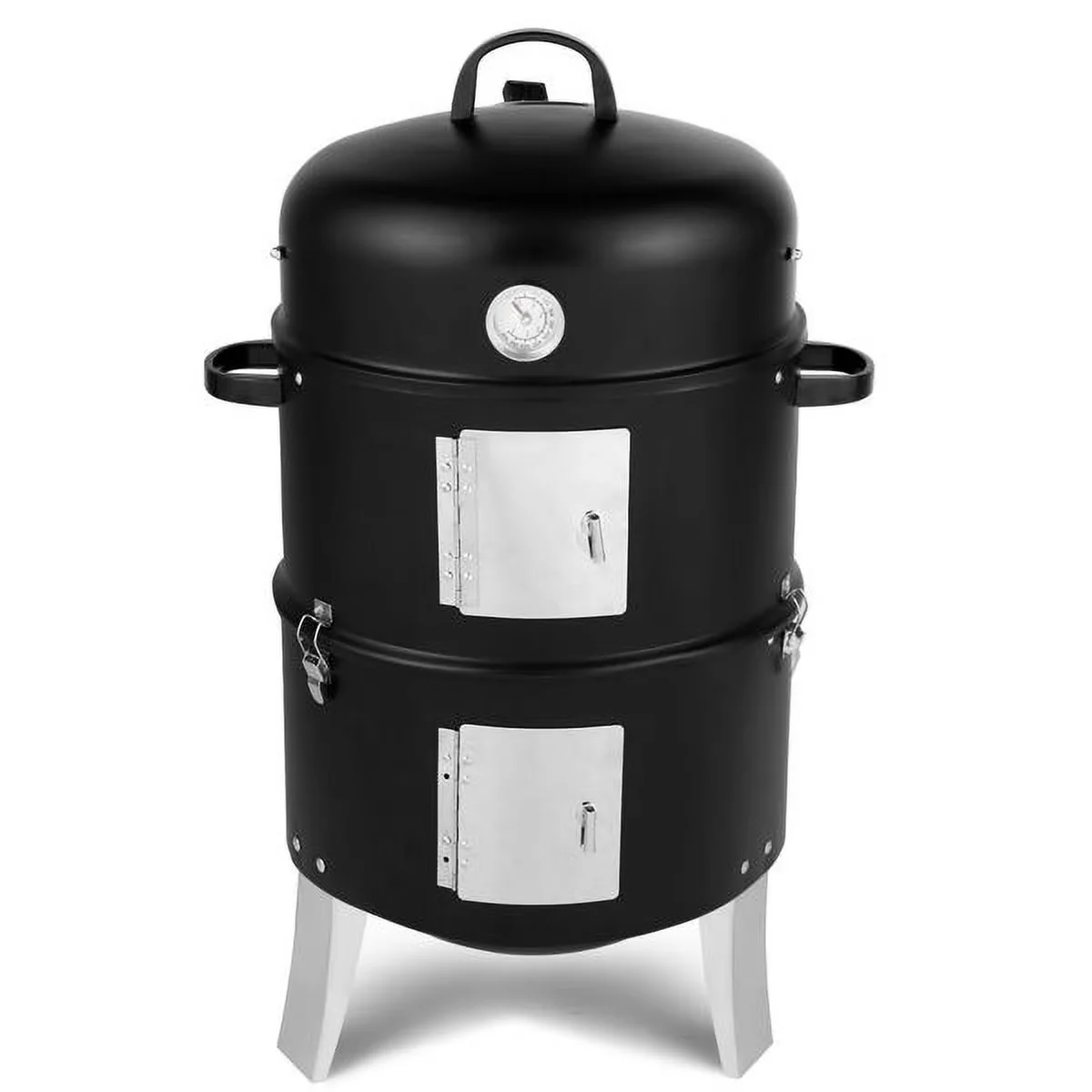 Stylish Smoker with Removable Handle, Non-Stick, Heavy Duty Double Layer Round BBQ Grill - Black Metal Model 5FF1F4
