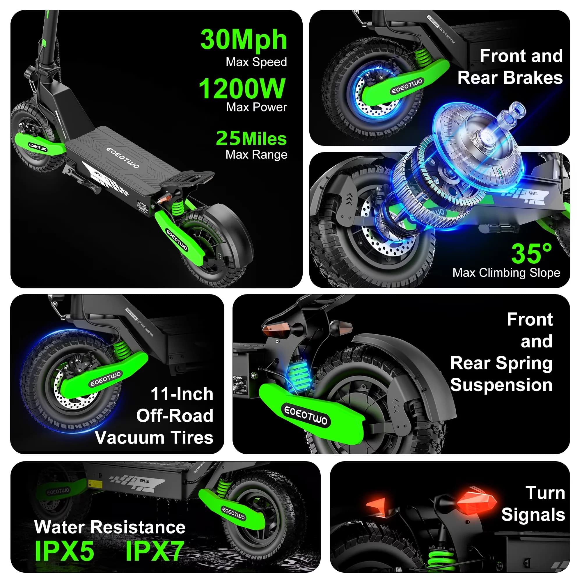 Scooter Essential with 1200W, Headlights - Aluminum Alloy + Iron Green Model 39D2E7