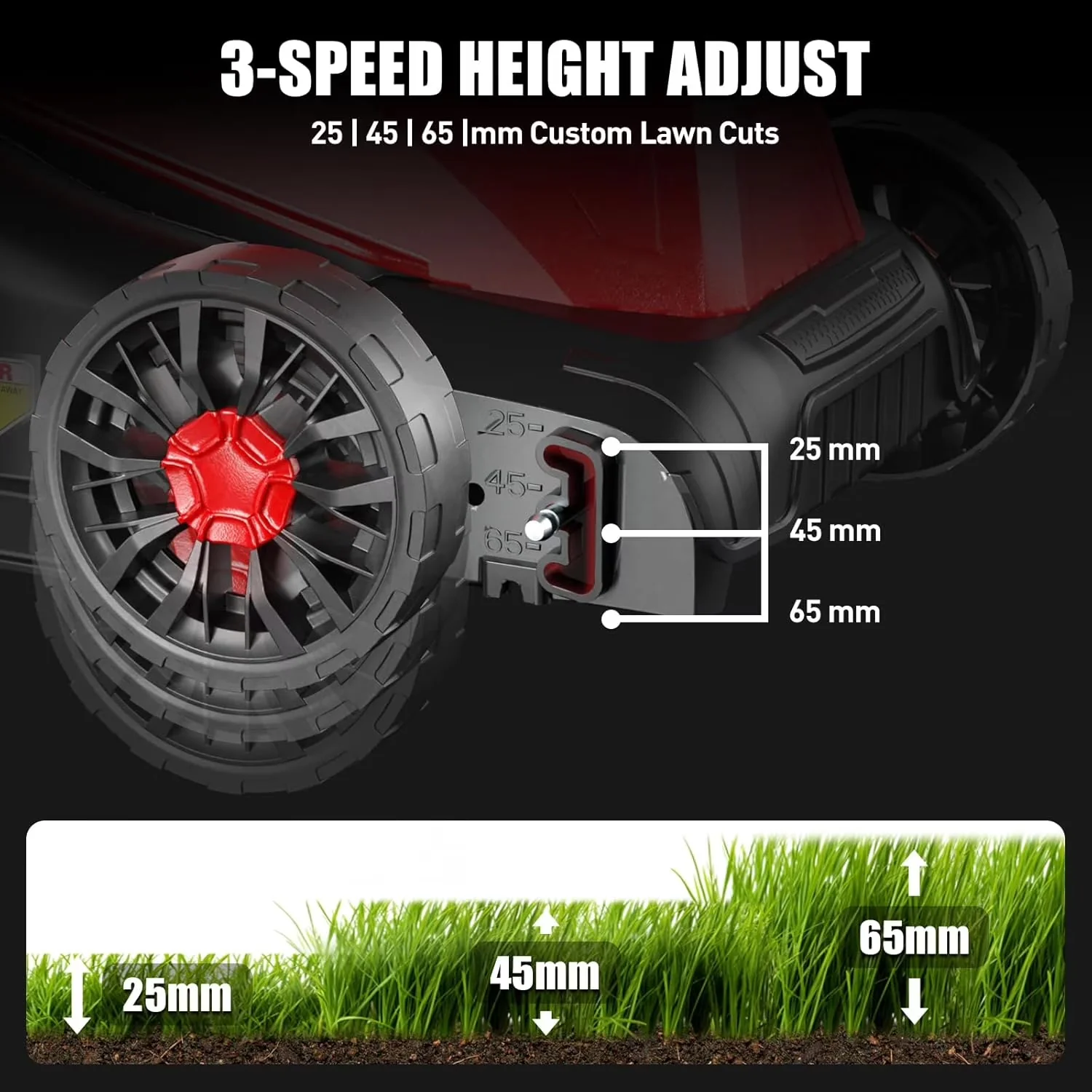 Stylish Push Mower with Adjustable Cutting Height, Button Instant Start, Low Noise & Zero Emissions - Red Model 9C65AF