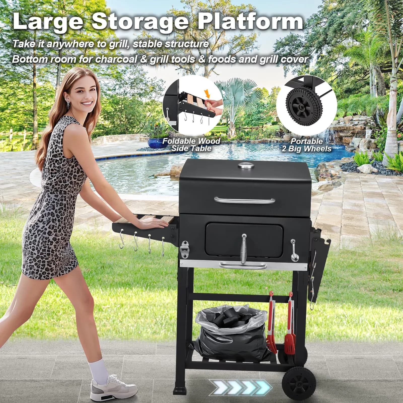 Sleek Charcoal Grill with Adjustable Charcoal Tray, Warming Rack, Thermometer - Steel Black for Patio, Garden Model 3F9025