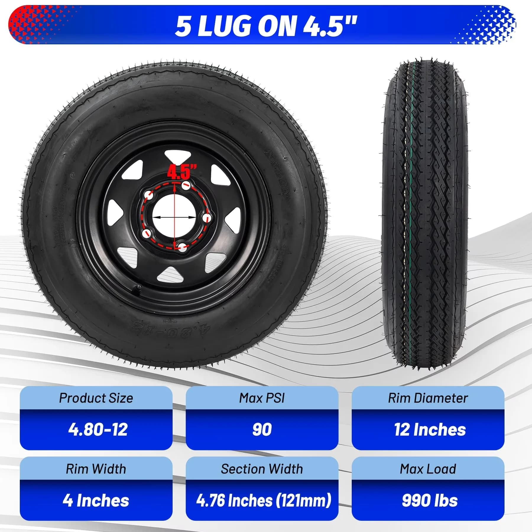 Reliable Trailer Tire with Durable Construction, Dot Approved, 4.80-12 Tires - Model 7BE2AE
