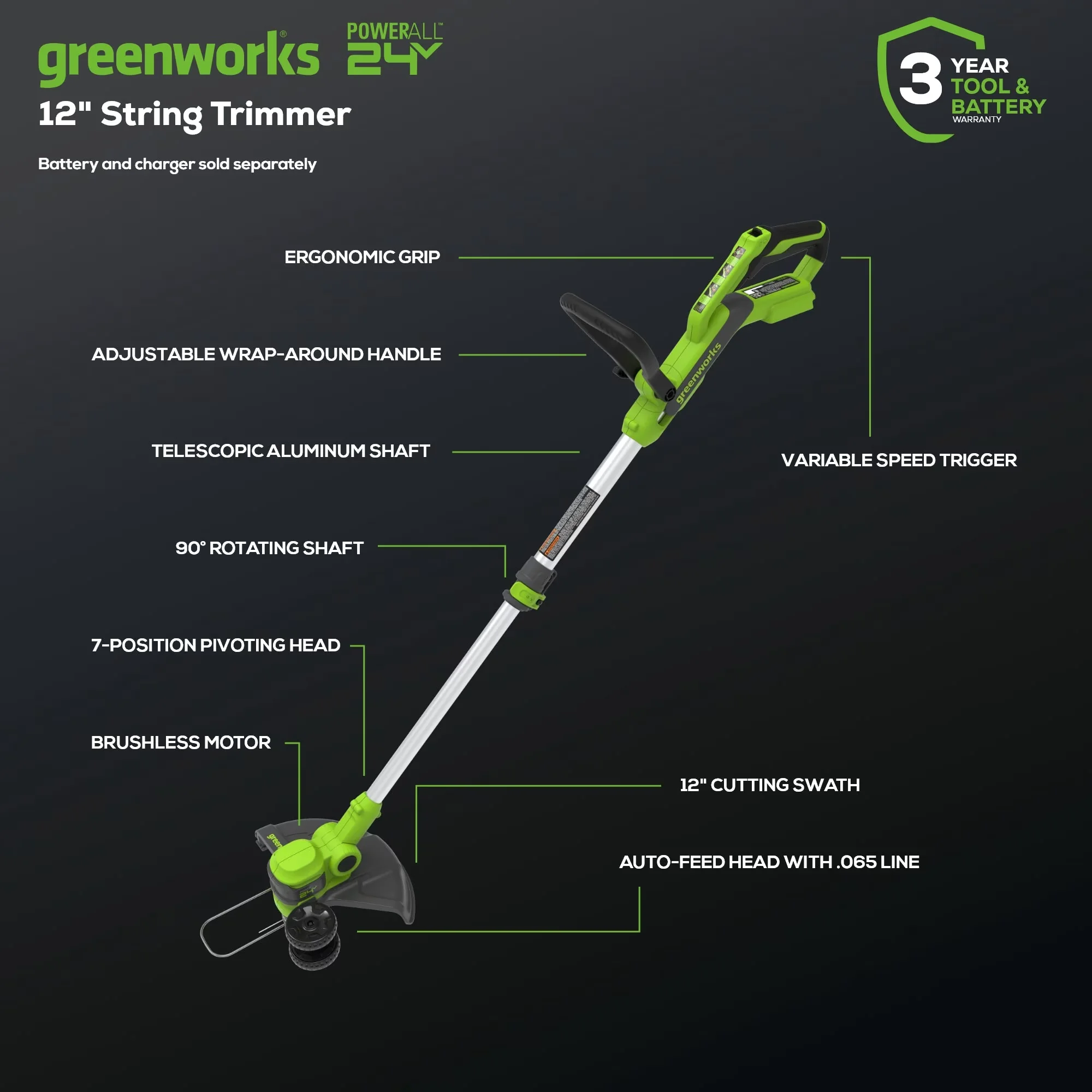 String Trimmer Stylish with Battery, 24V, Brushless - Green - Commercial Quality Model AA1713