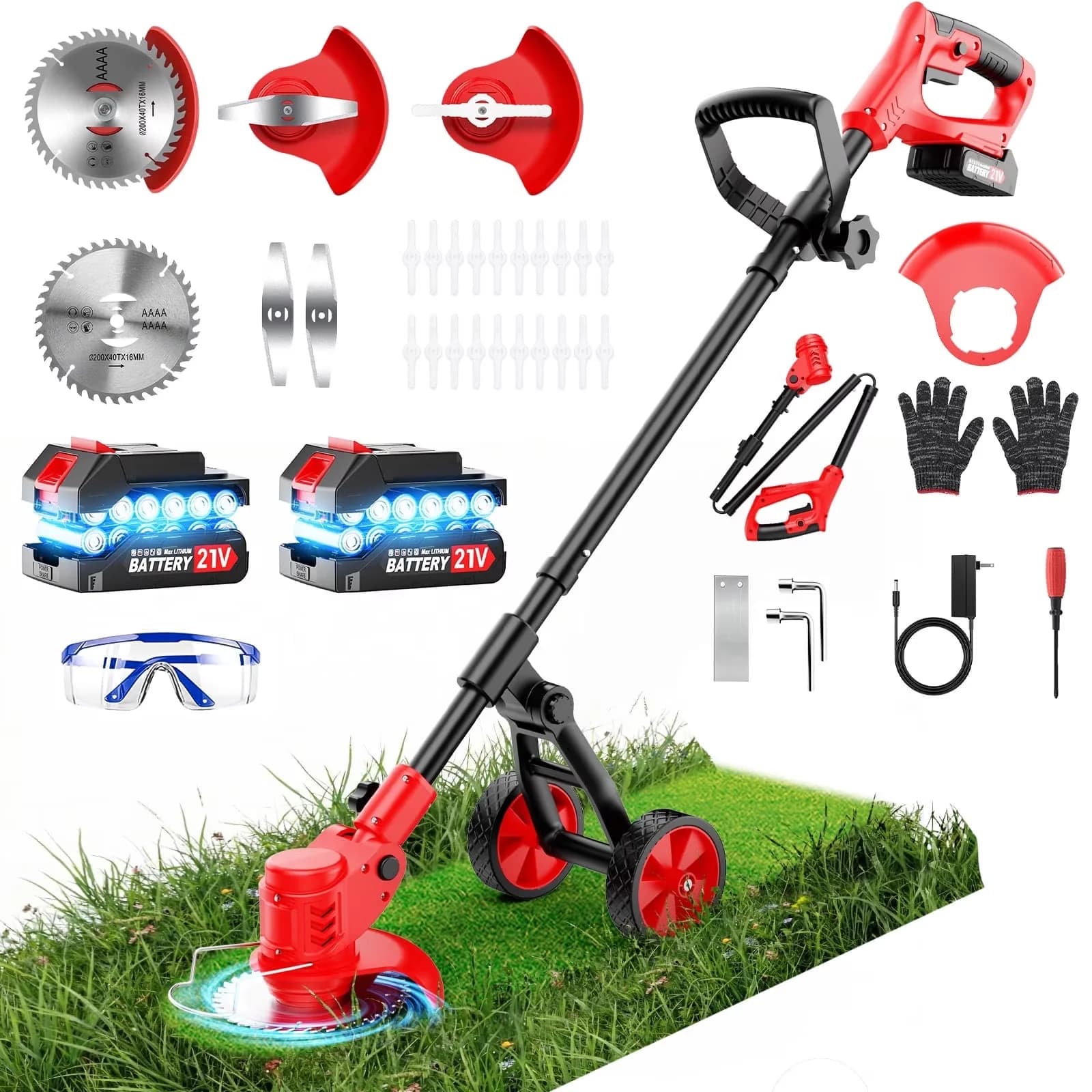 Premium String Trimmer with Battery, Brushless, Metal Wheels - Red for Garden Model 34F83F