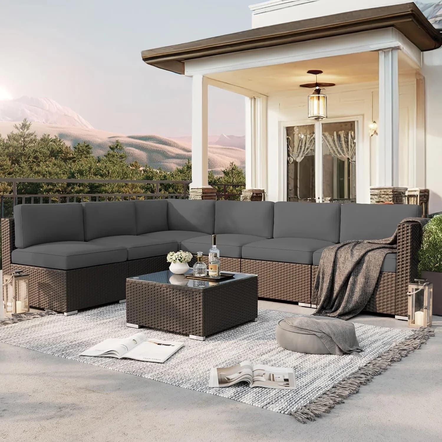 Sleek Outdoor Sofas Sectional with Reclining, Color Grey, Size Black Wicker - Rattan Model E13DF9