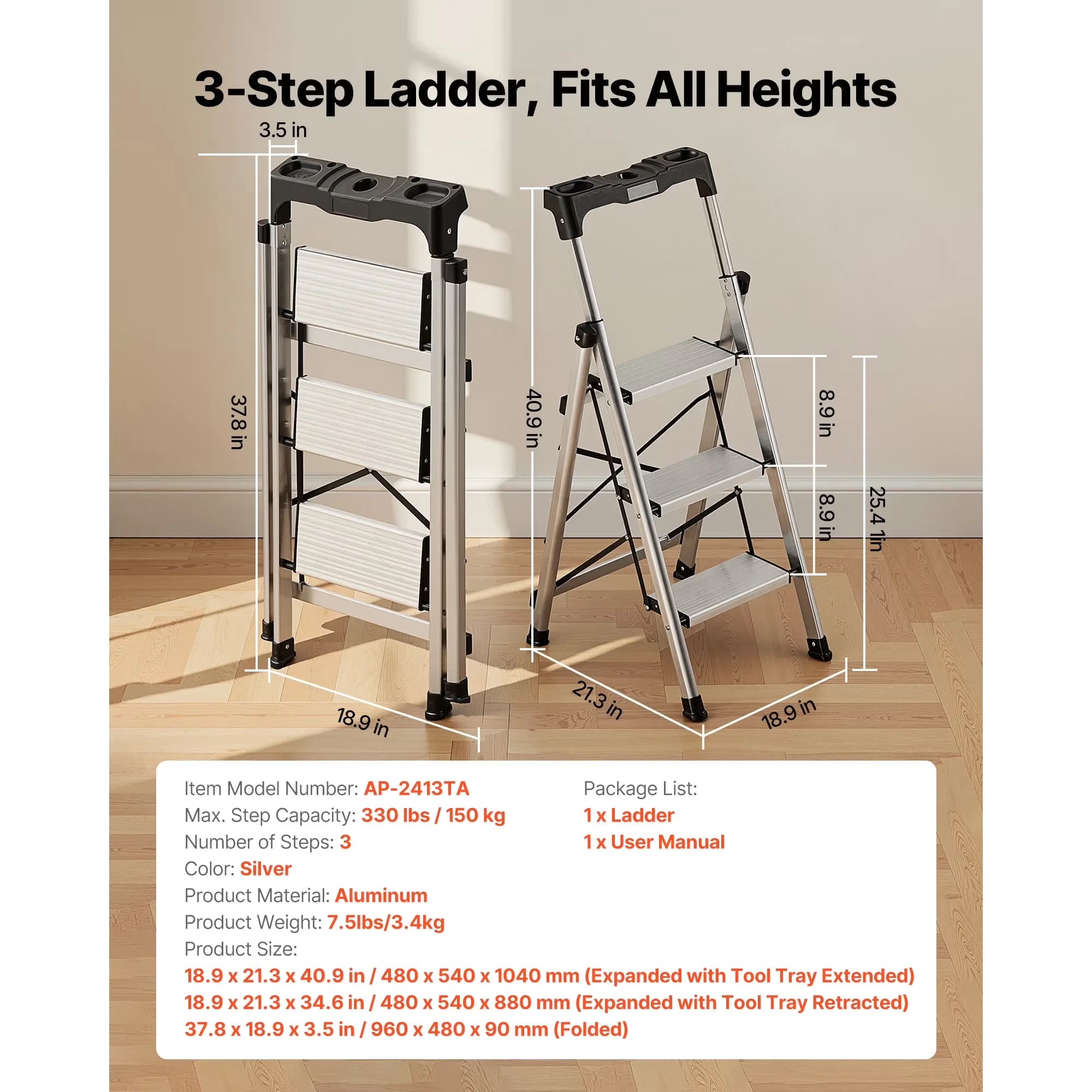 Stylish Ladders And Step Stool with Foldable, Anti-Slip, Portable Aluminum - Silver Aluminum Alloy for Home, Kitchen Model 7EDC56