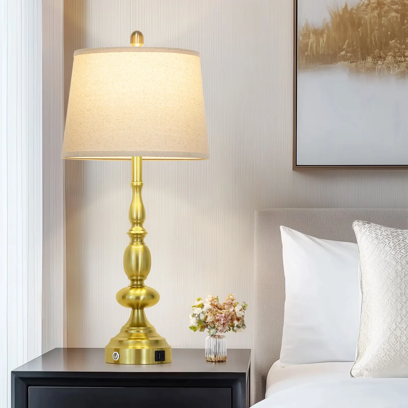 Lamp Set Stylish with LED, Usb Port - Gold Metal for Living Room, Bedroom Model 31CB51