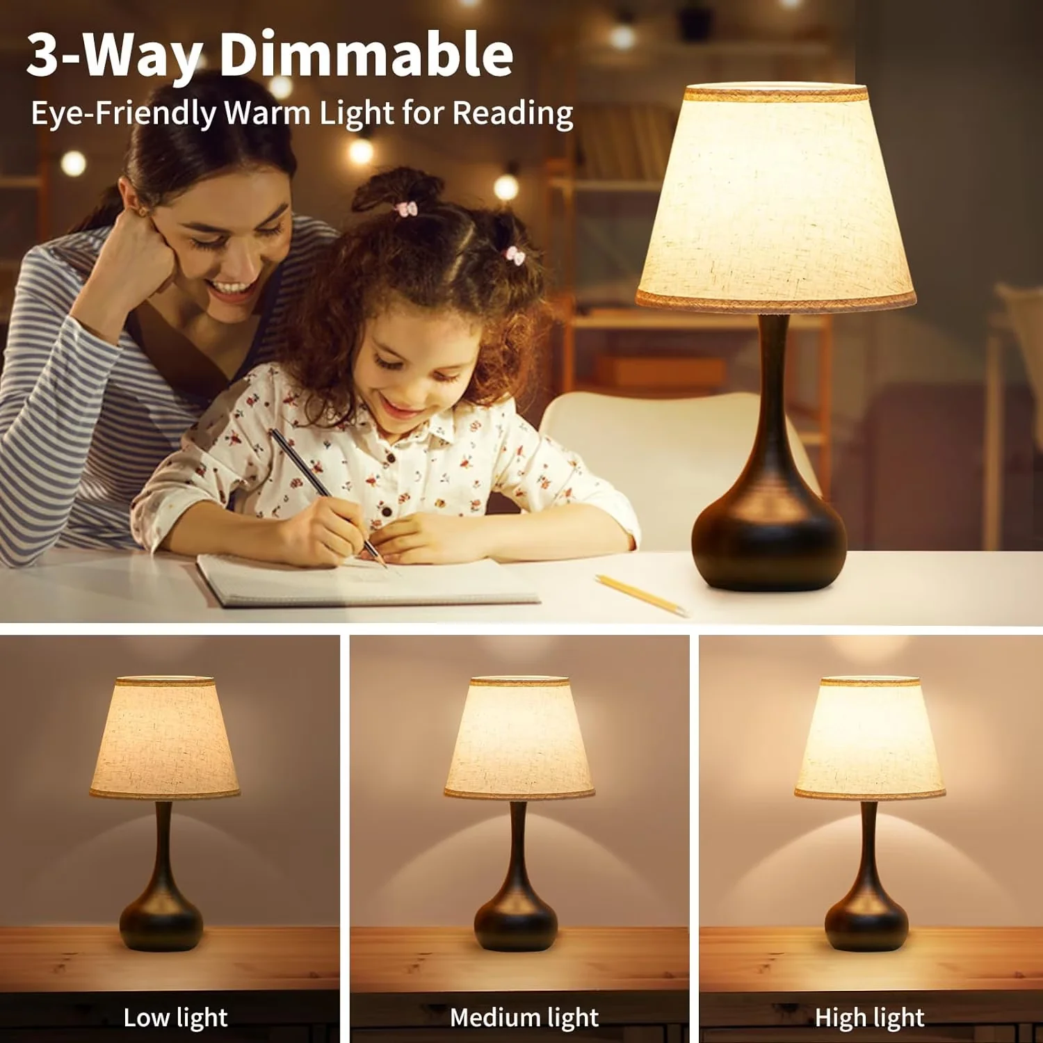 Table Lamp Durable with LED, Dimmable, 17.32" Touch Bedside - Metal Black for Bedroom Model 97C69C