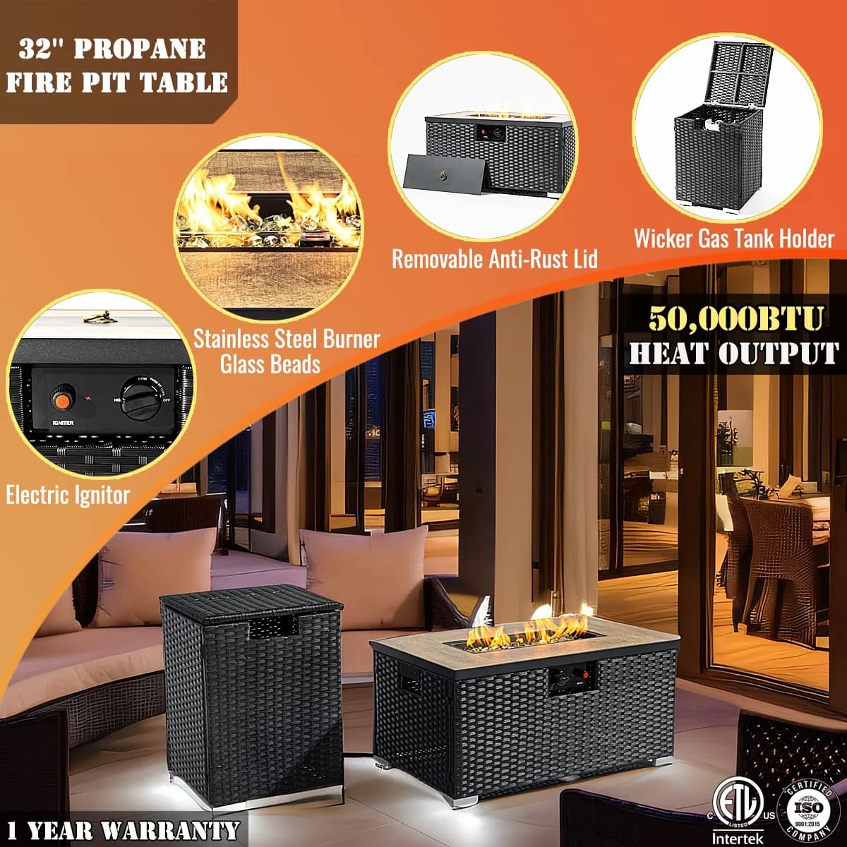 Sleek Outdoor Heating with 50000 BTU, Water-Resistant - Black Alloy Steel, Tile, Pe Rattan Model 330653