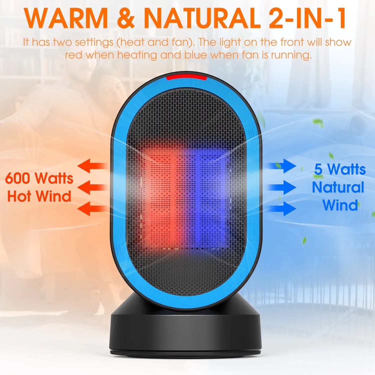 Portable And Electric Space Heater Efficient with 600W, Oscillating, Tipped-over Protection - Black Model 3F505A