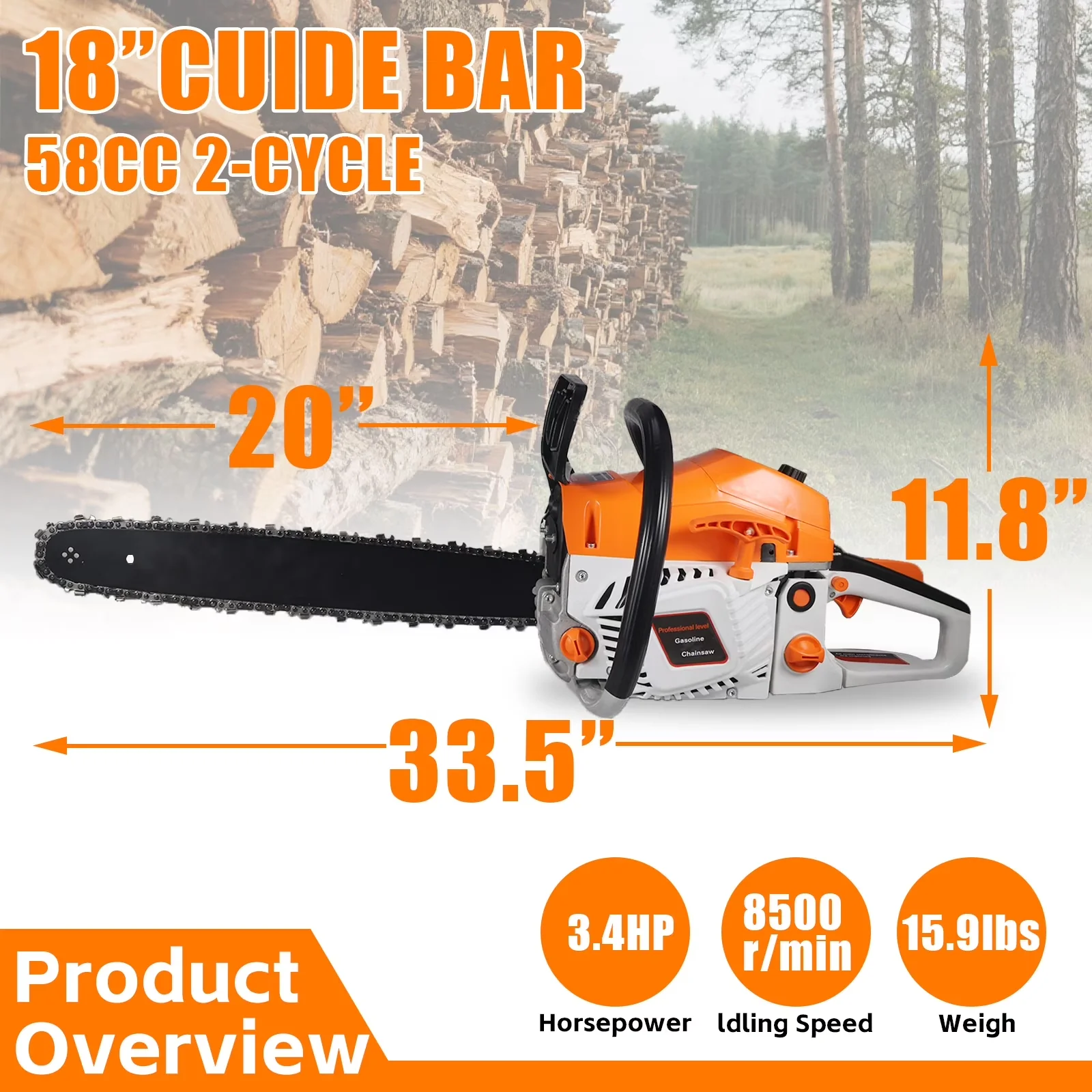 Classic Chainsaw with 58CC Gas, 18 Inch Power, 2-Cycle Handed Petrol Chainsaws - Model 09F89D