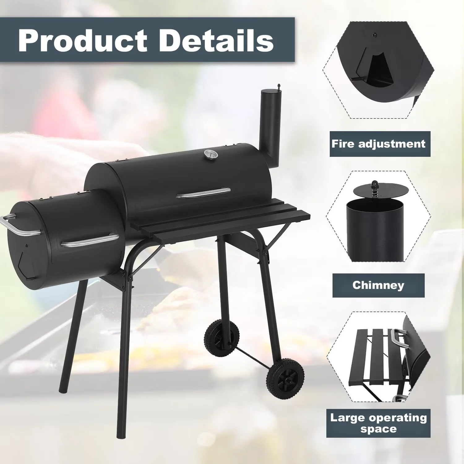 Sleek Smoker with Rust Resistant, Wheels Side, High quality rugged metal materials - Metal Black for Camping Model 36B1E7