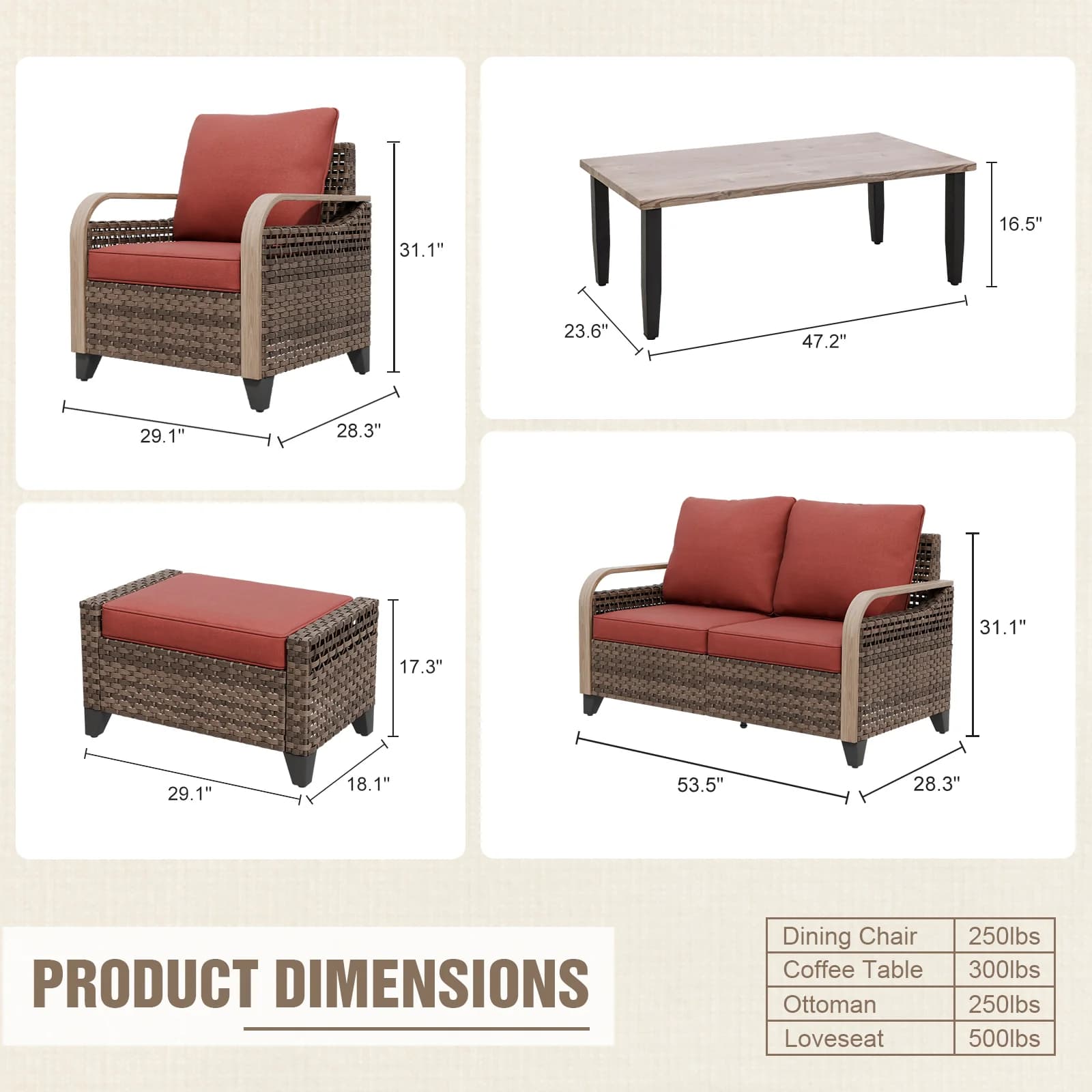 Patio Conversation Set Premium with Rattan Outdoor, Brown/Red - Pe Rattan Wicker, Steel Brown Model B74C25
