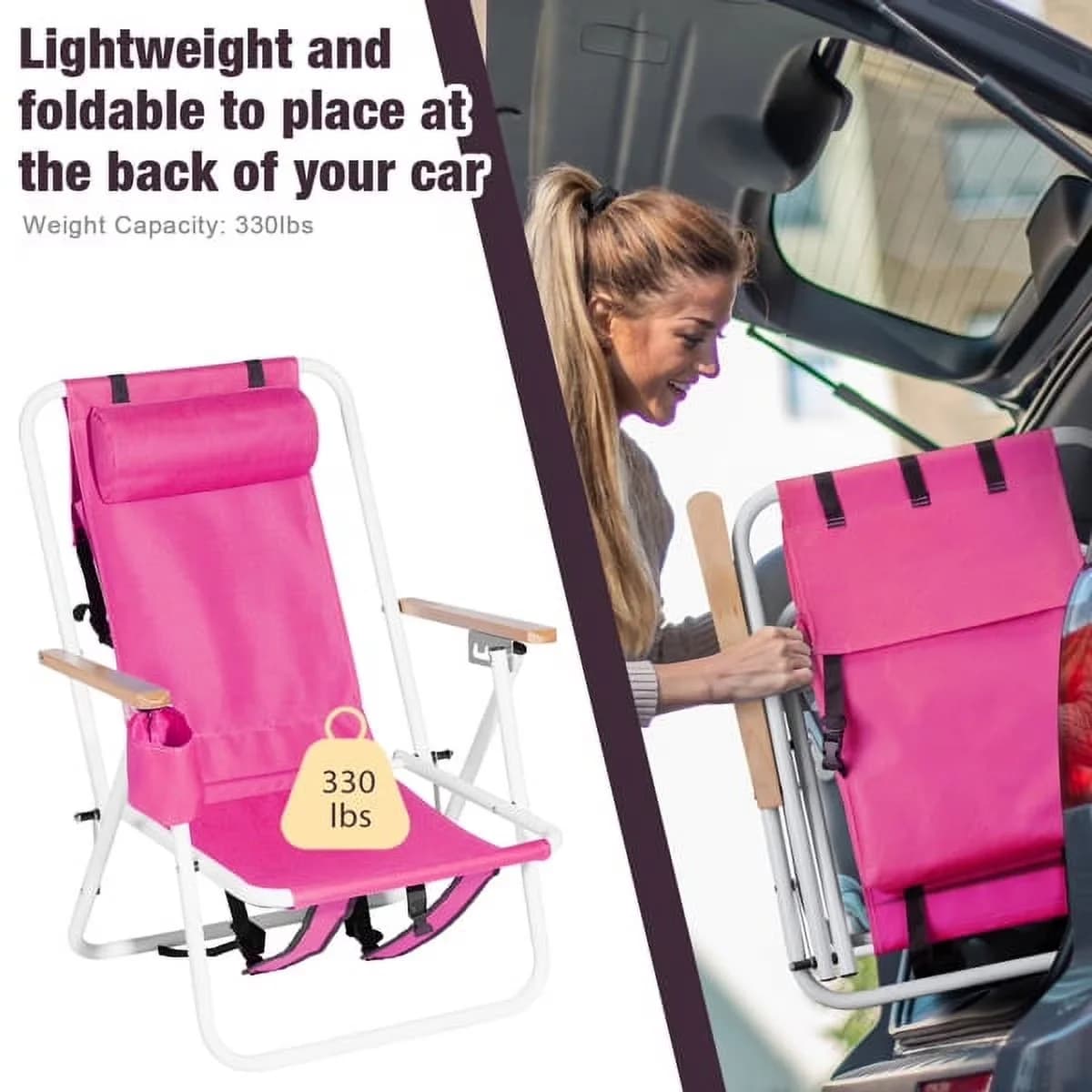 Sleek Beach Chair with Adjustable, Rust Resistant, Folding Chairs - Pink Model 2C403A