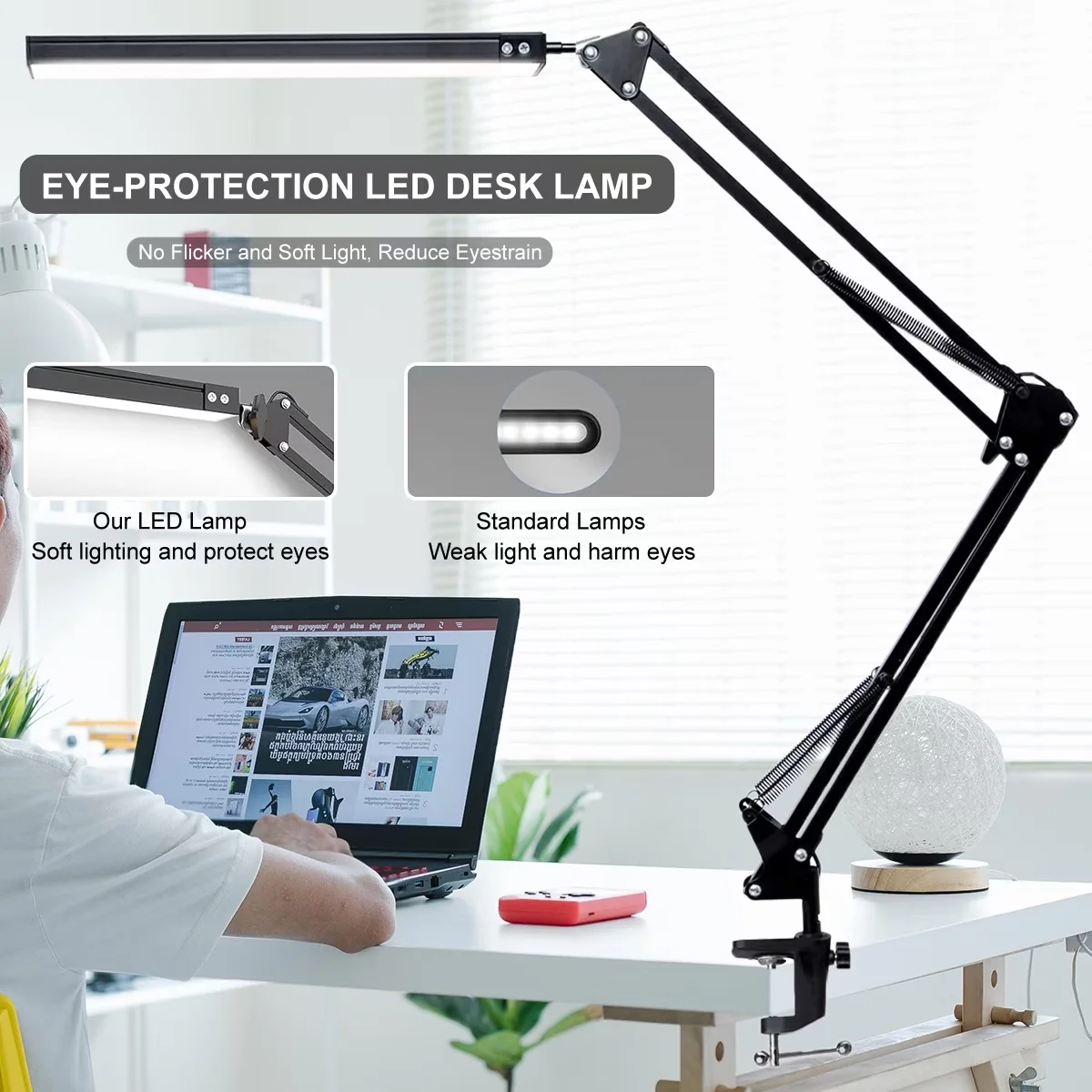 Classic Desk Lamp with LED, Adjustable Height - Black Top-End Aluminum Alloy Model 36B47C