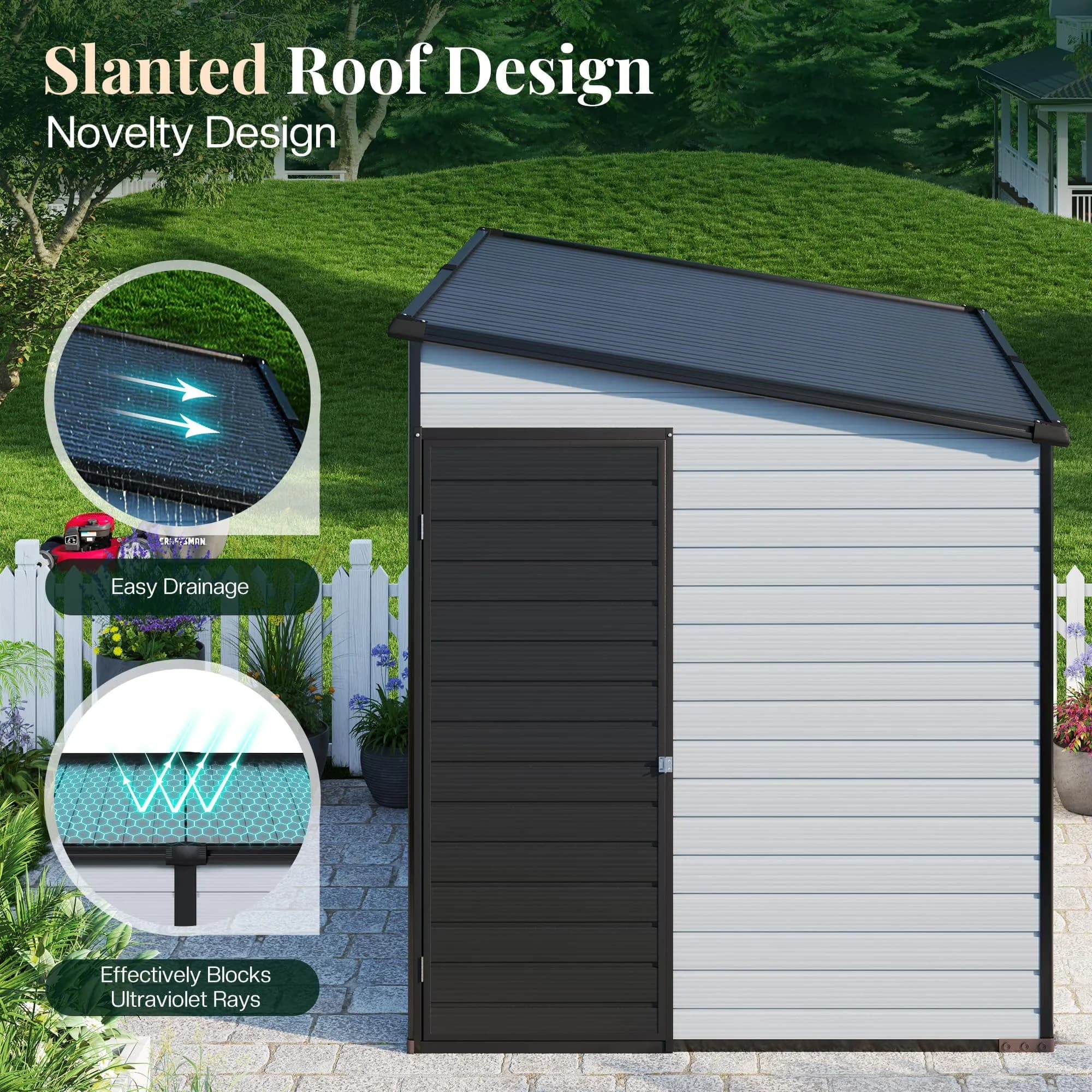 Professional Shed with Waterproof, Slanted Roof Lockable Outdoor Storage - Black Polypropylene for Garden Model 320069