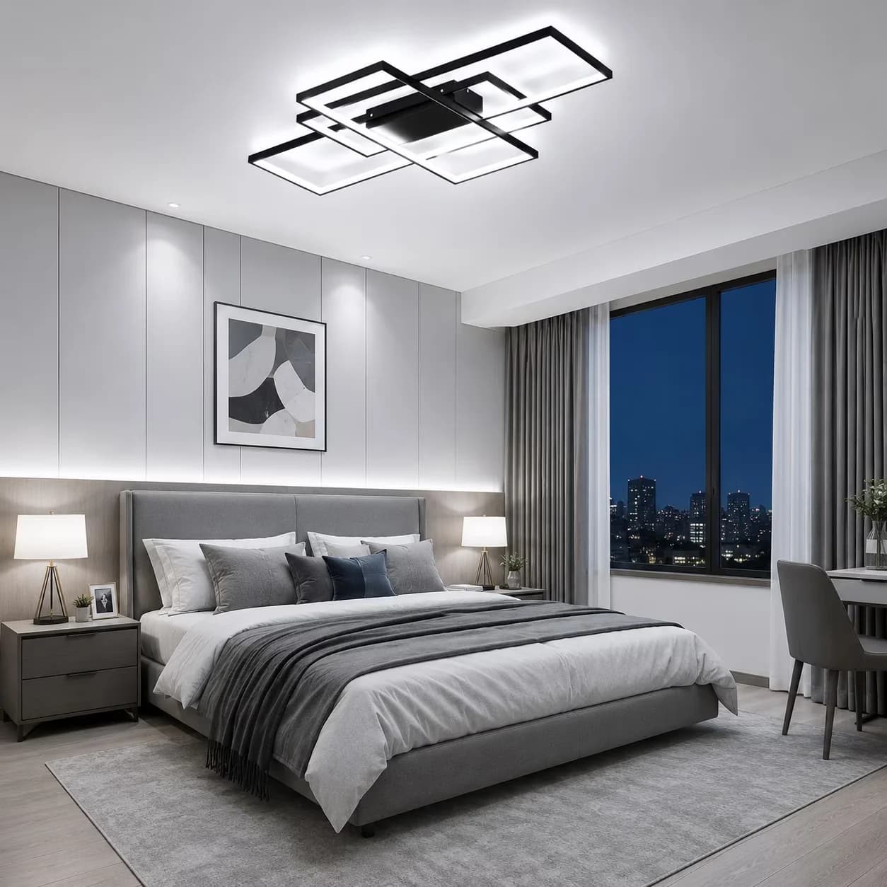 Modern Ceiling Fan with LED, 50W, 35.4in. Black 3-Square LED Light - Black Aluminum Model A2EF1B