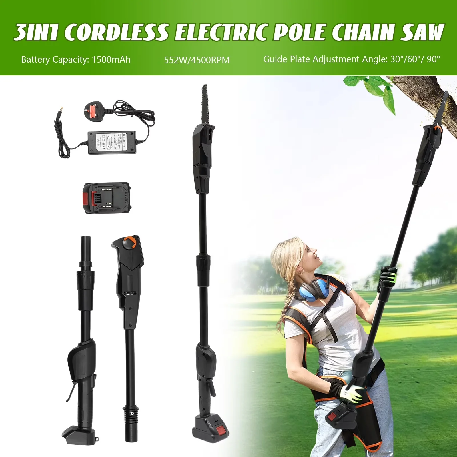 Sleek Pole Saw with Battery, Process: High-temperature Quenching, Assembly Required: Yes - Black Model 6C075C