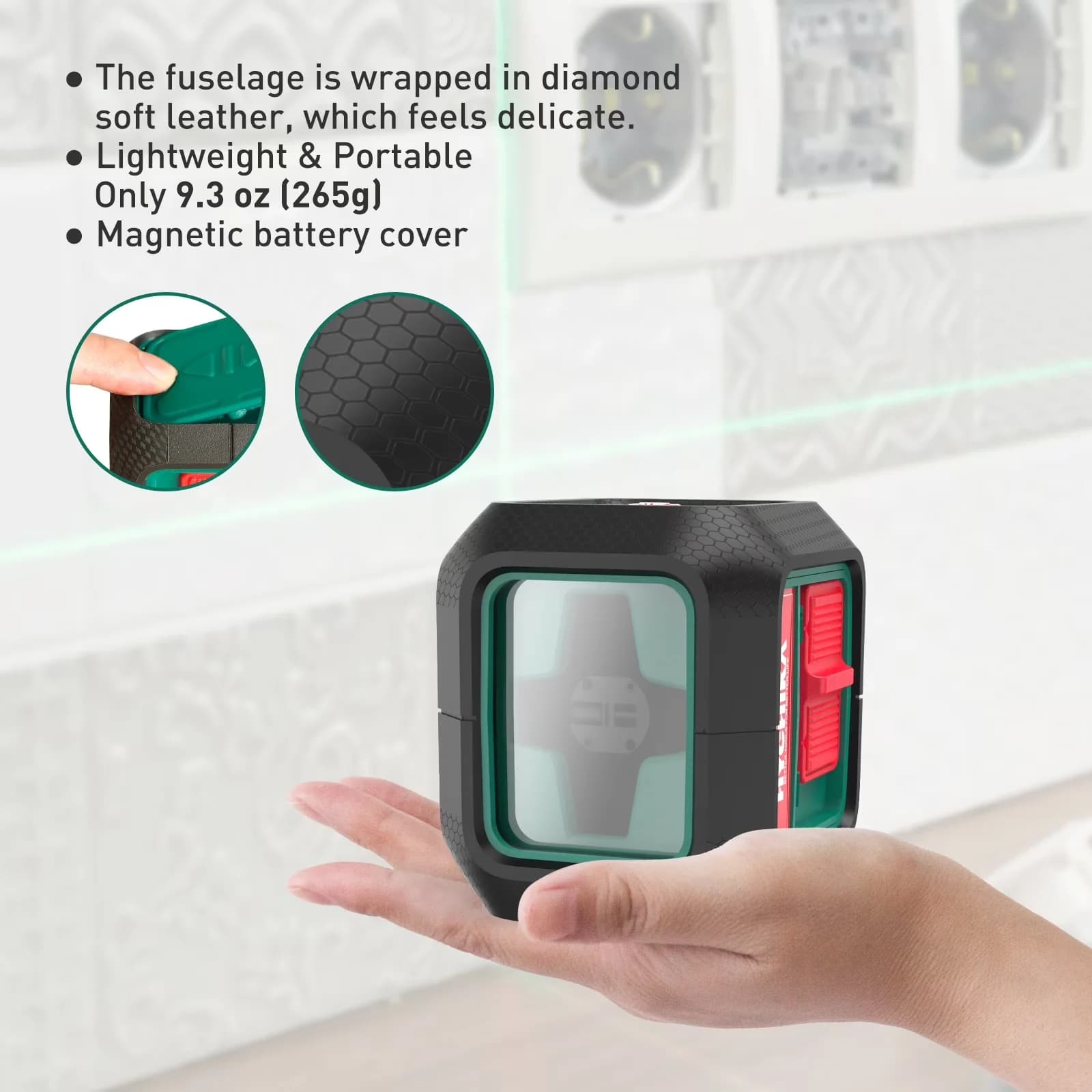 Measuring Layout Sleek with Battery, Magnetic - Metal, Rubber, Plastic Green for Home Model F19265