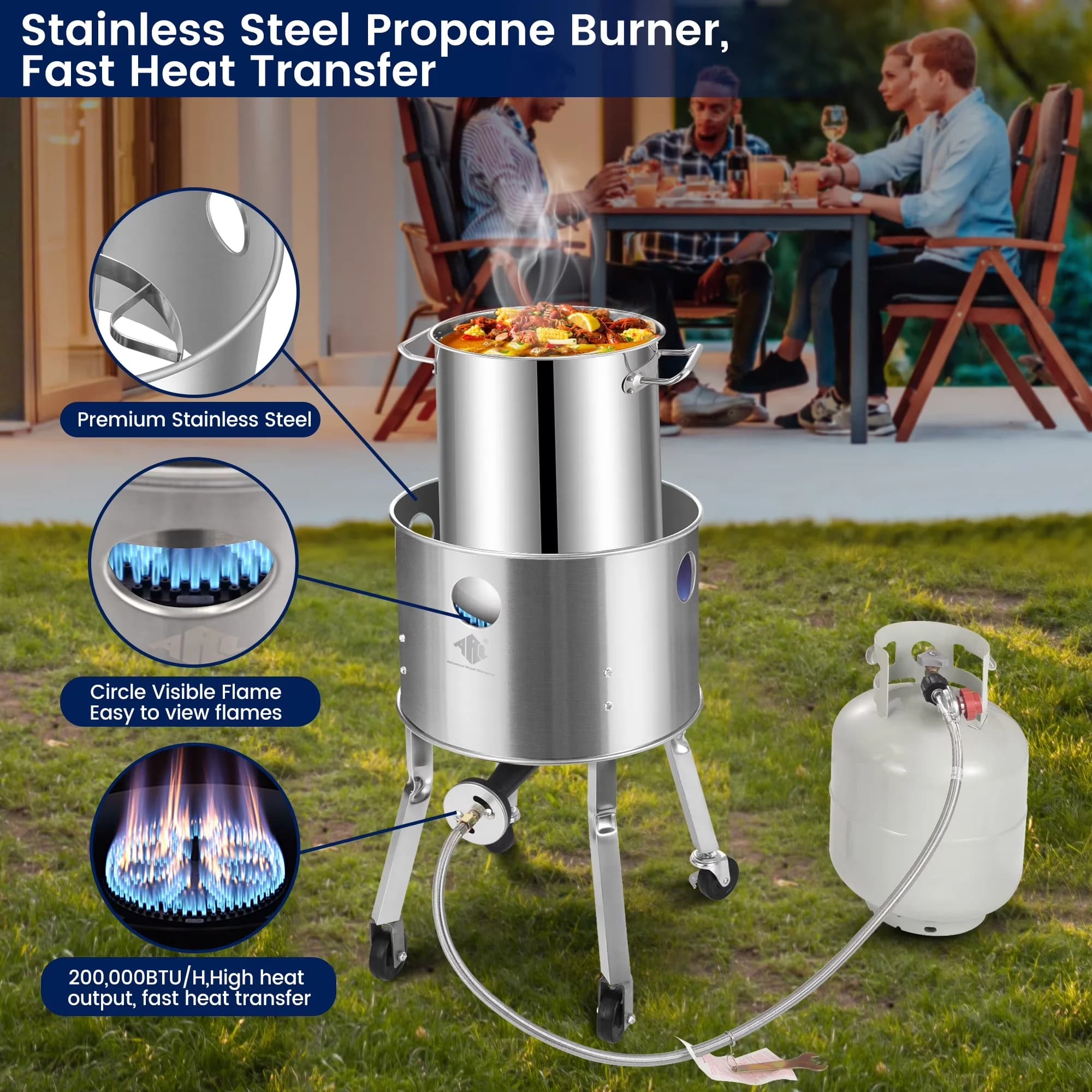 Reliable Outdoor Fryer with 200000 BTU, Wheels 200000 BTU - Silver Stainless Steel Model 085F11
