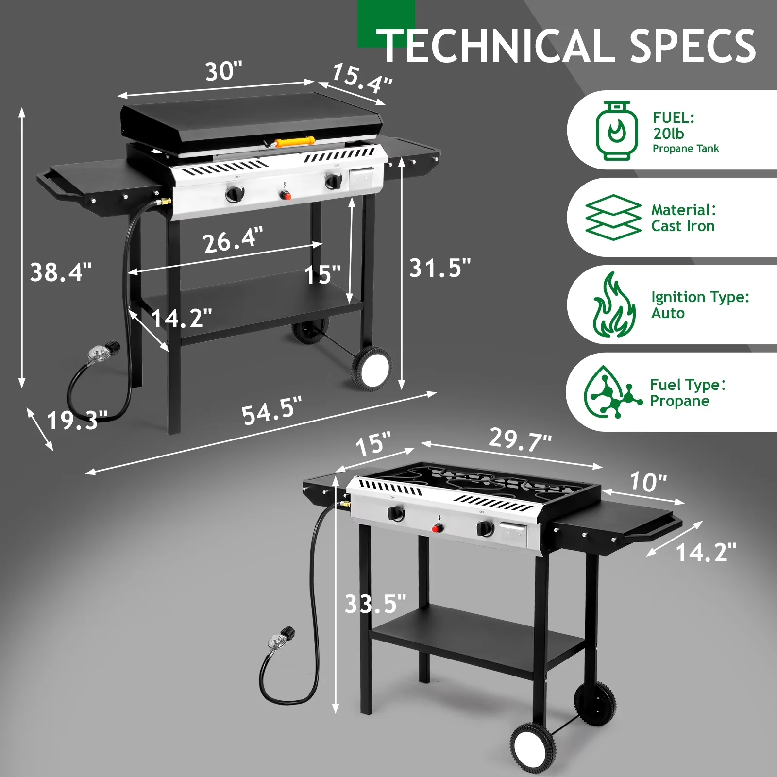 Sleek Flat Top Grill with 150000 BTU, Storage Rack, Lid - Black Cast Iron Model F588F1