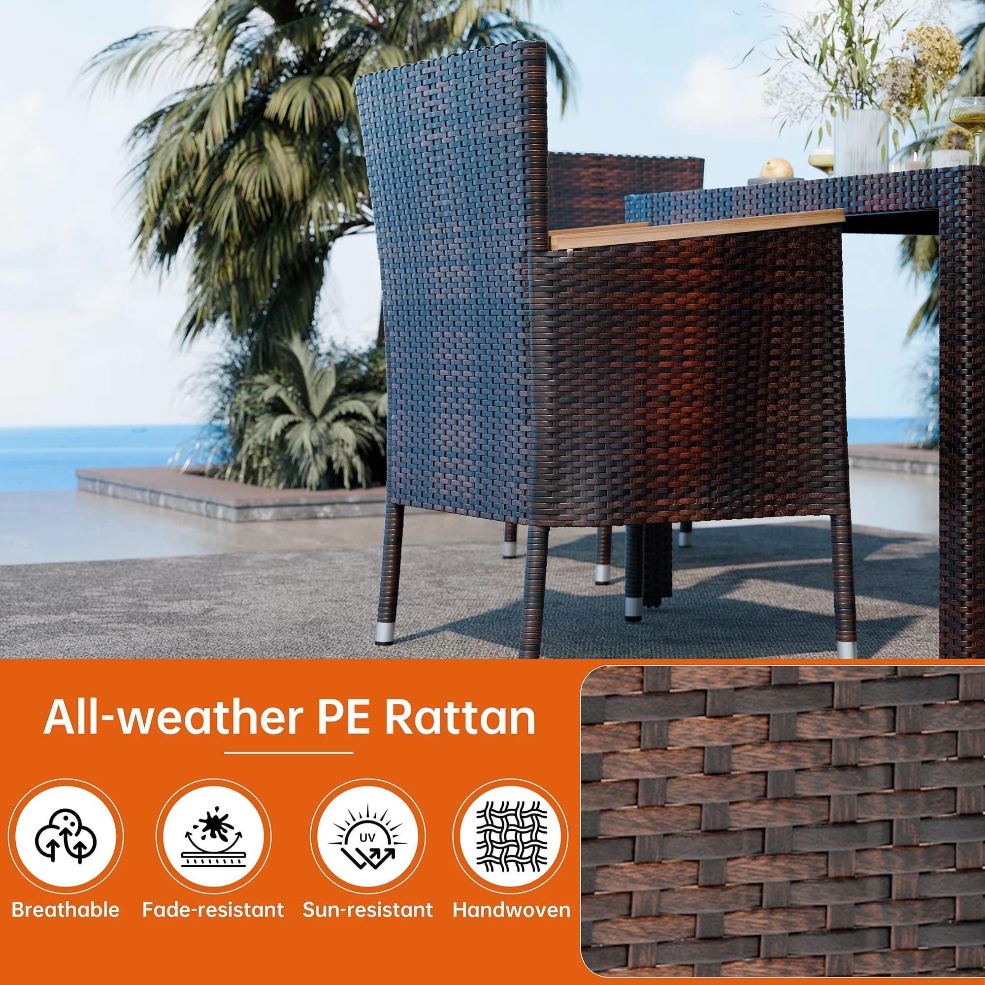 Premium Patio Dining Set with Storage, Modern, 5 Pieces Outdoor Wicker Furniture - Brown Rattan, Steel Model 221AA3