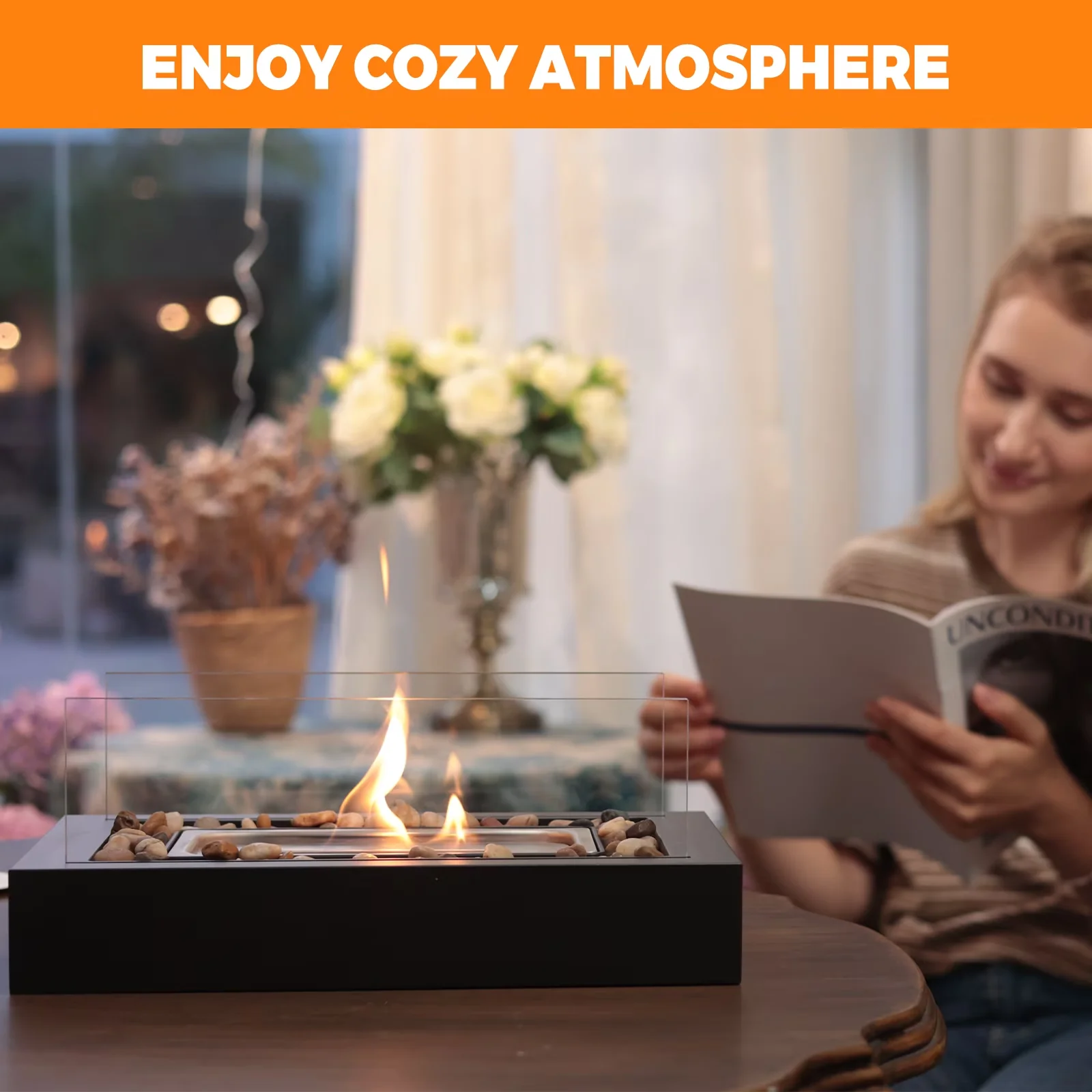 Efficient Outdoor Heating with Portable, Smokeless, Rectangular Tabletop Fire Pit - Metal, Glass Beige for Patio Model 494E10