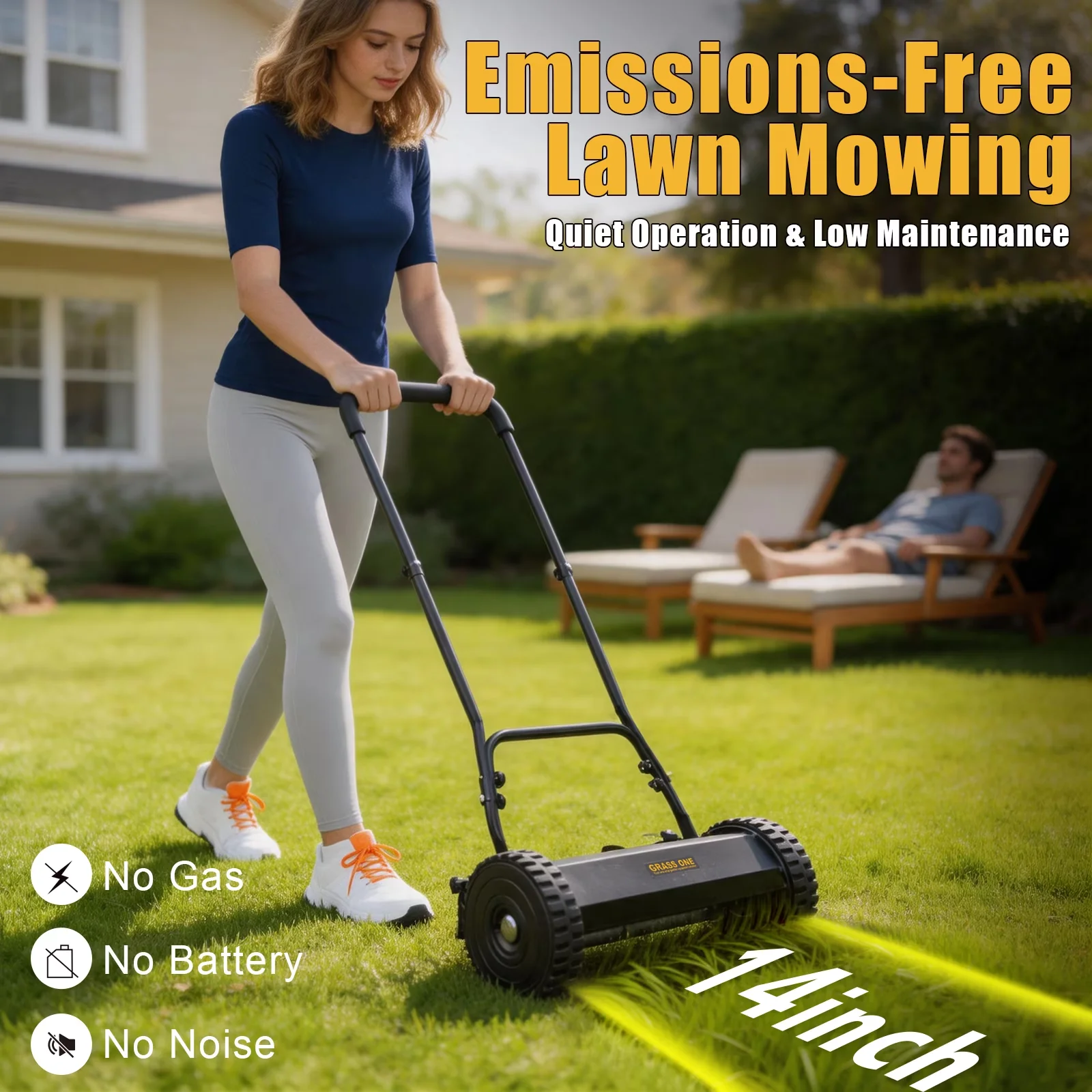 Push Mower Professional with Adjustable, Comfort Grip, 14 Inches Lawn - Black Model E01CD1