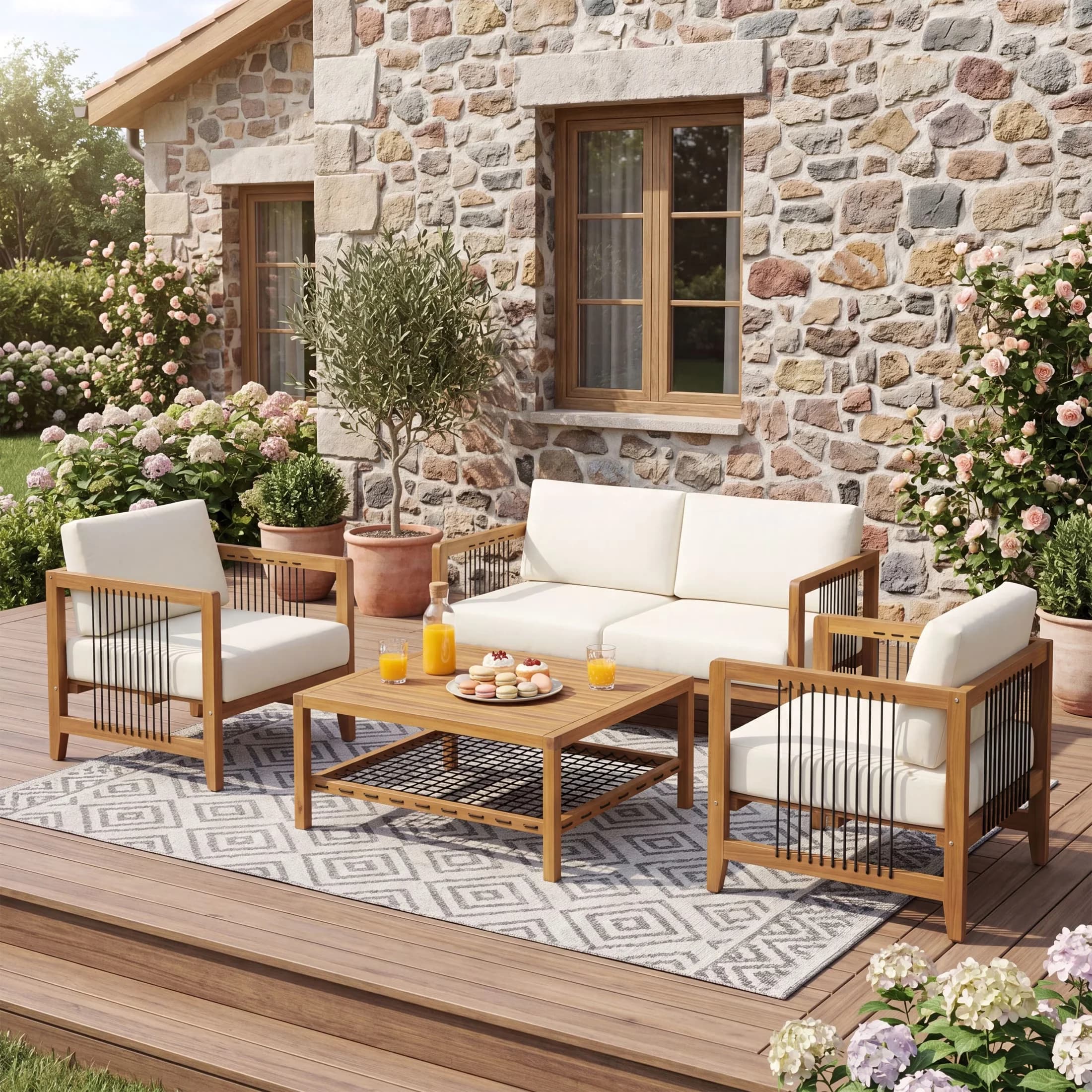 Modern Patio Conversation Set with Material: Acacia Wood + Rope + Cushion, Teak+Beige - Brown Acacia Wood + Rope + Cushion Model F16A66