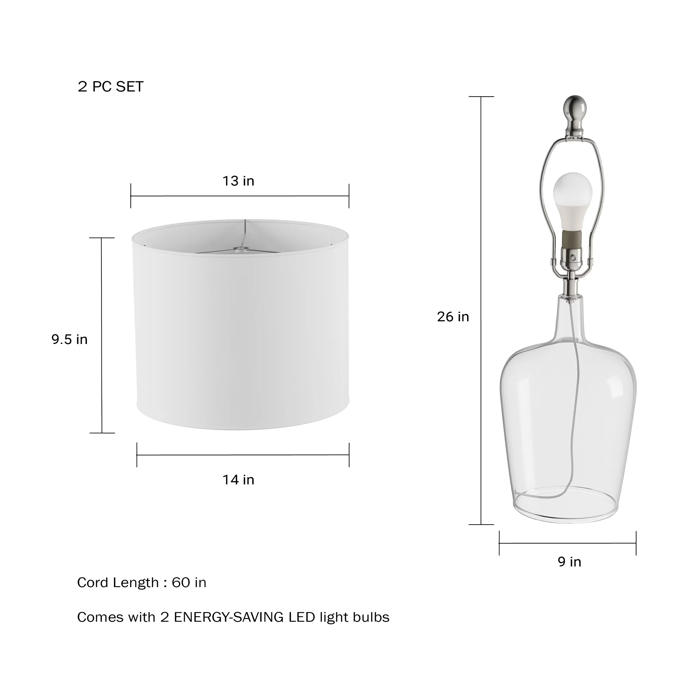 Lamp Set Essential with LED, Modern, Energy Efficient - Glass Cloche Bases And Ivory Shades White Model 930159