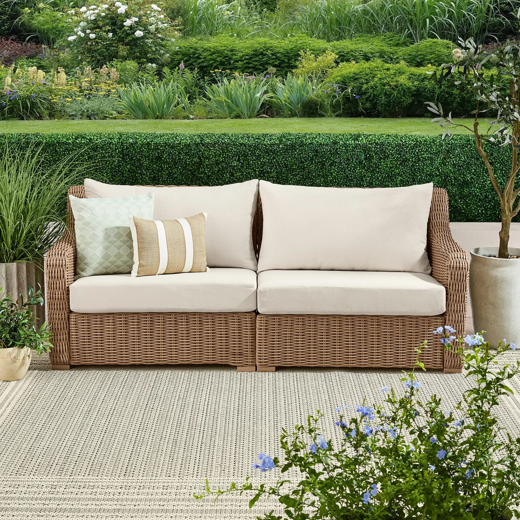 Modern Patio Conversation Set with Weather-Resistant, Barrel Back Chairs - Steel & Resin Wicker Off-White Model ACF292