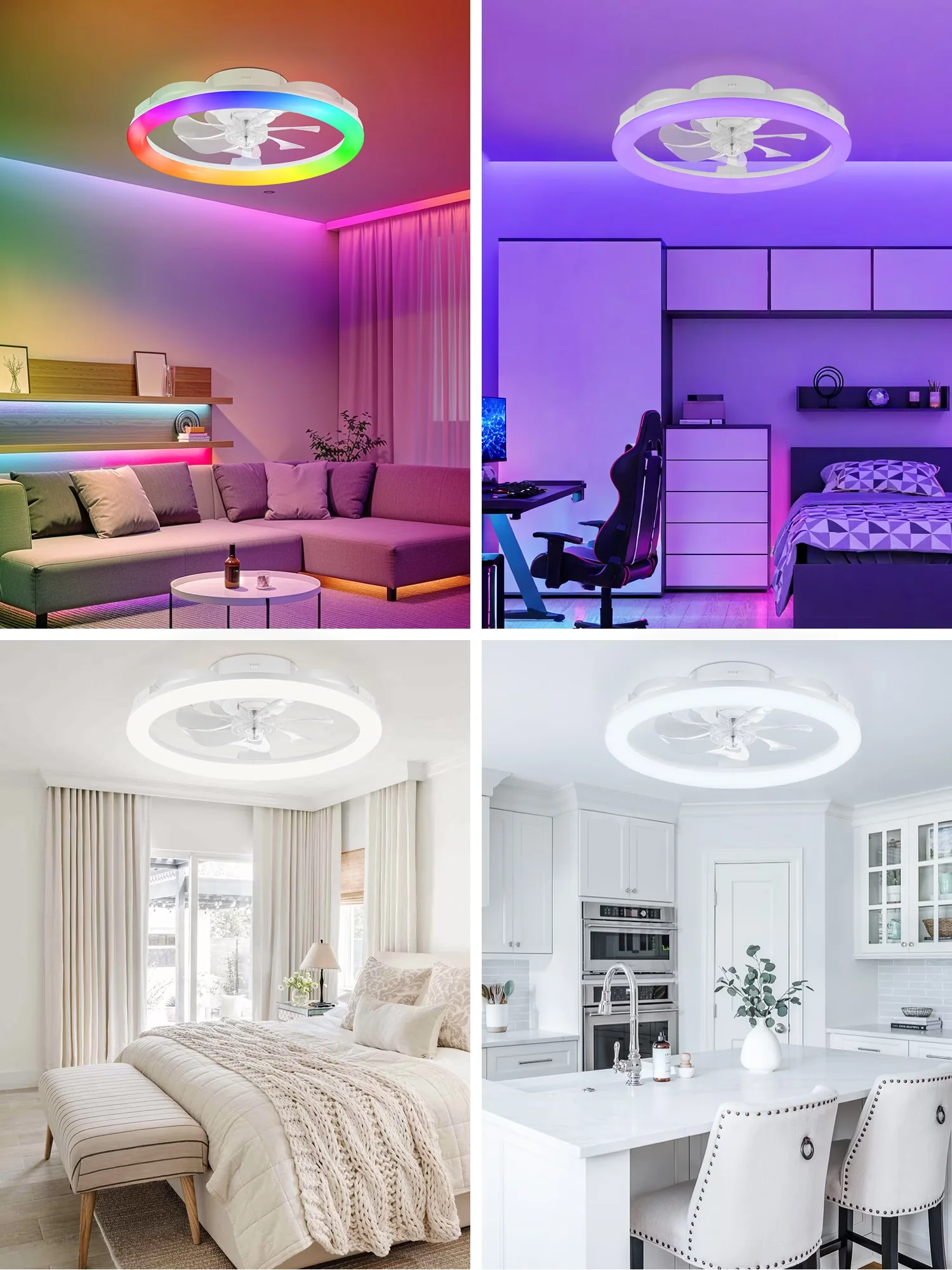 Ceiling Fan Sleek with LED, Color Changing, 20" Modern RGB - White - Modern Design Model 566A9C