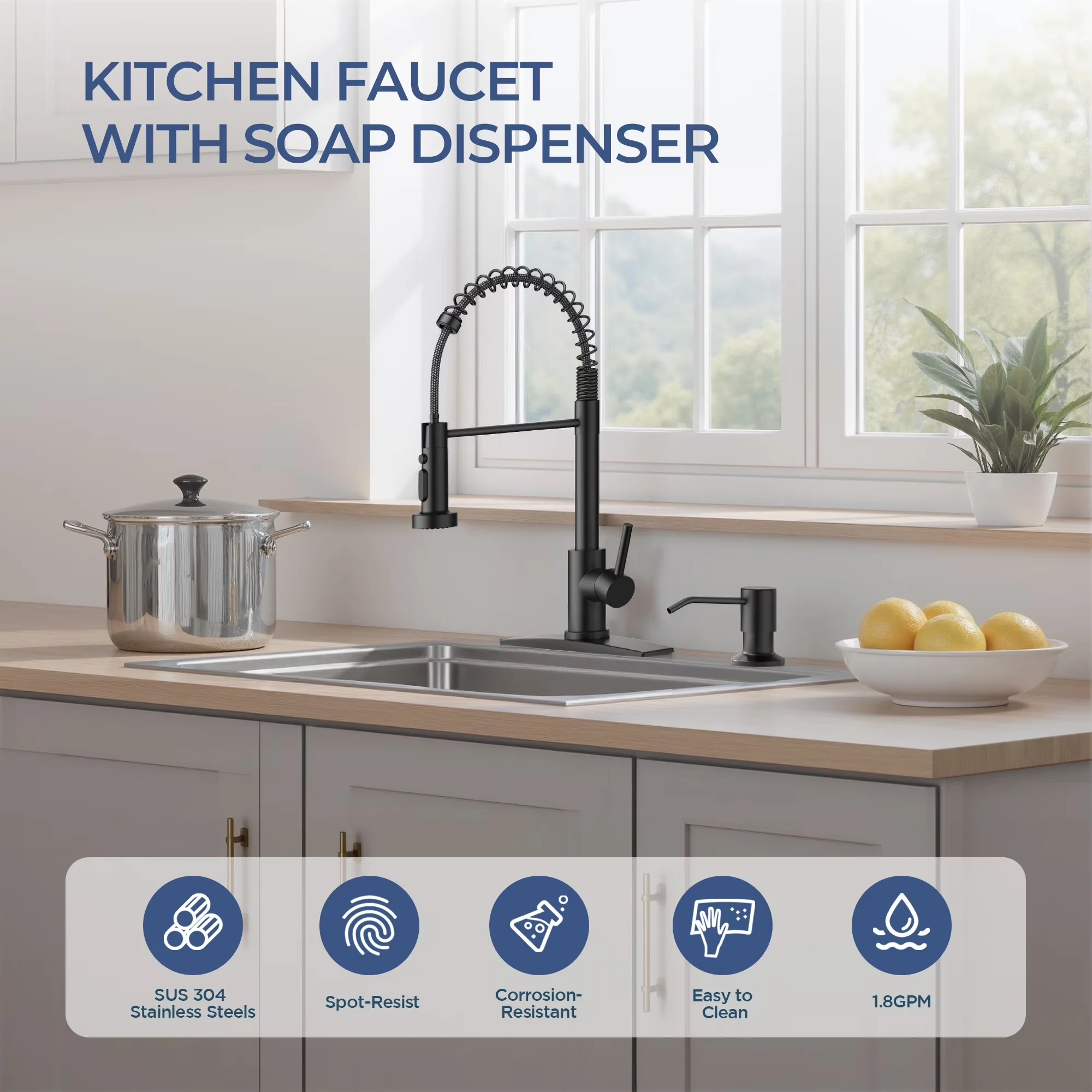 Essential Kitchen Renovation with Black Single Handle Sink Faucets, Faucet, Pull Down Sprayer and Soap Dispenser - Black Stainless... Model FE375F