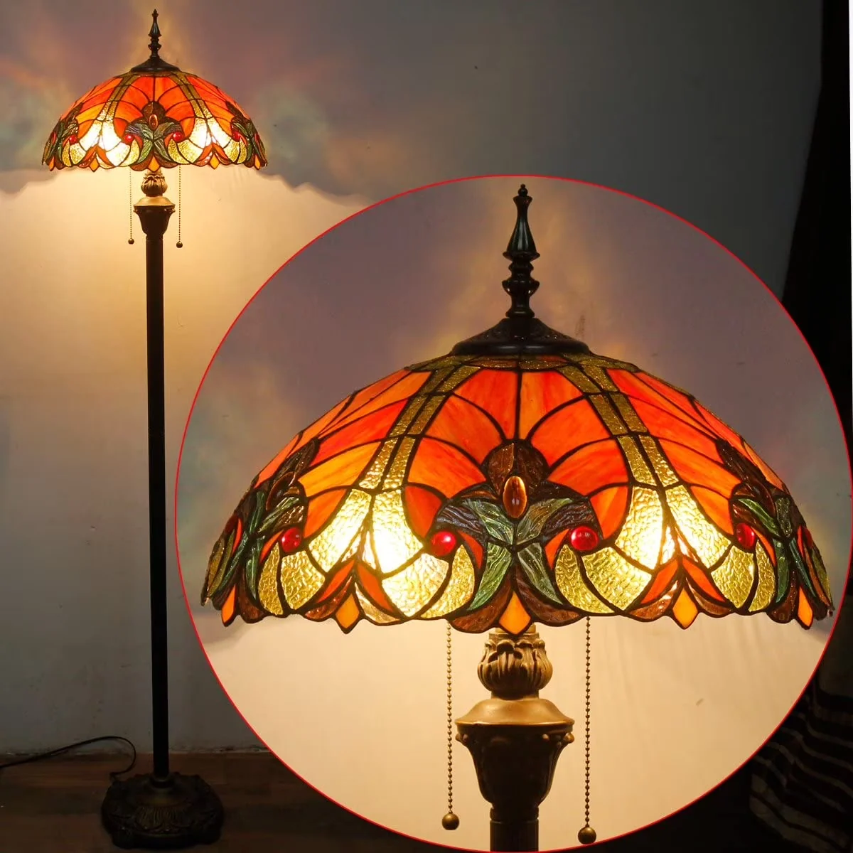 Floor Lamp Premium with LED, Tiffany - Bronze, Red, Yellow Iron Pole Bronze Color, Glass, Resin Base Bronze Color Model 78AAFE