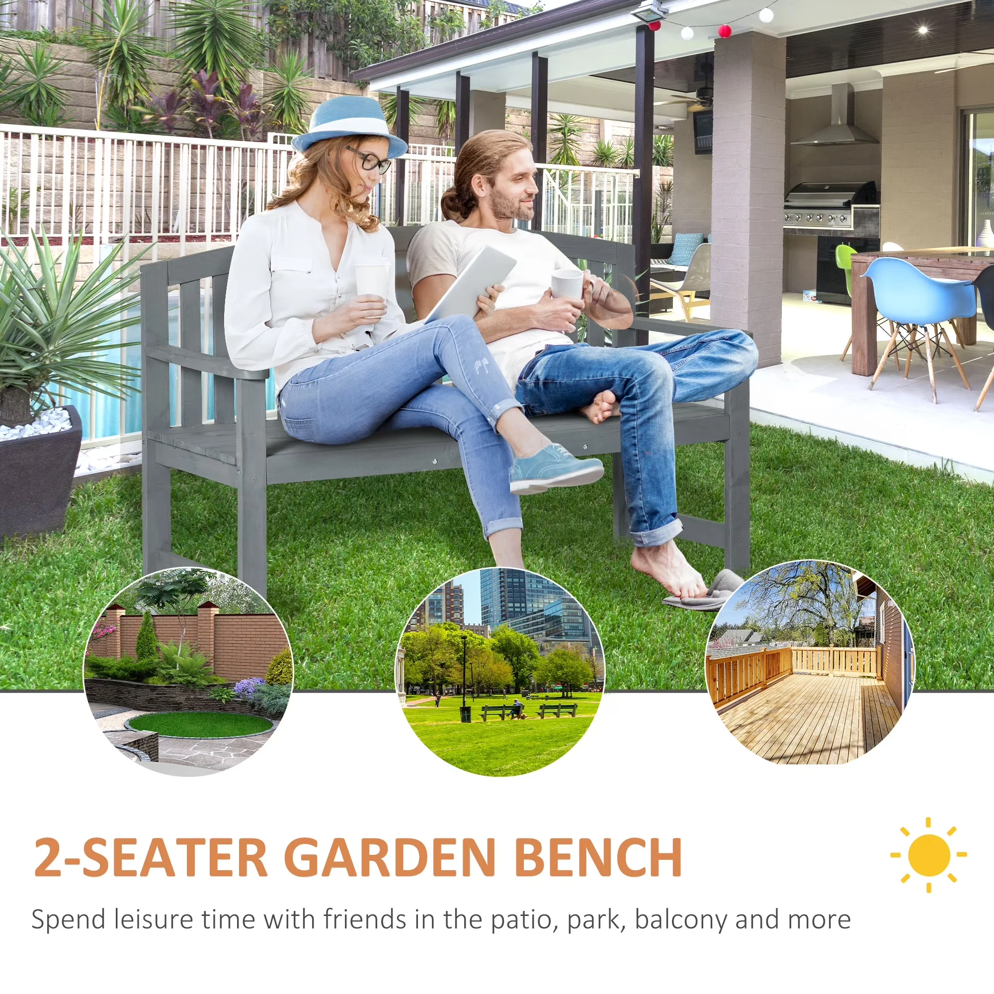 Compact Patio Chair with Waterproof, 56" Outdoor Wood Bench - Gray Fir Wood Model 625A92
