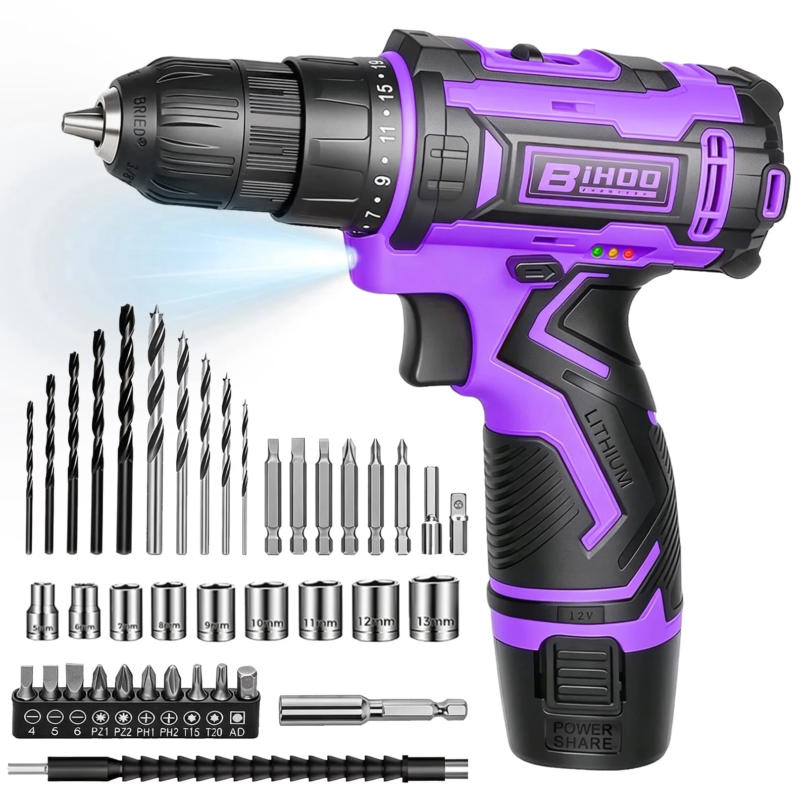 Versatile Drills Driver with Battery, LED, Purple Cordless Drill 12V for Home - Model A87619