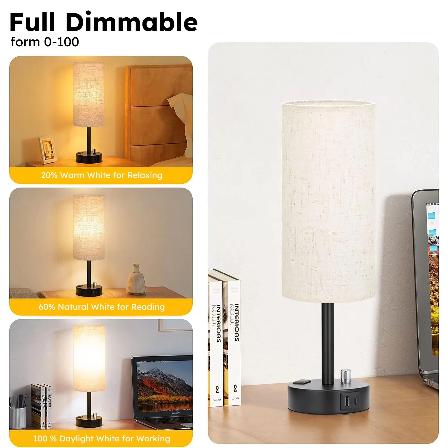 Premium Lamp with LED, Power Outlet - Metal, Linen Beige for Living Room, Bedroom Model 038AA4