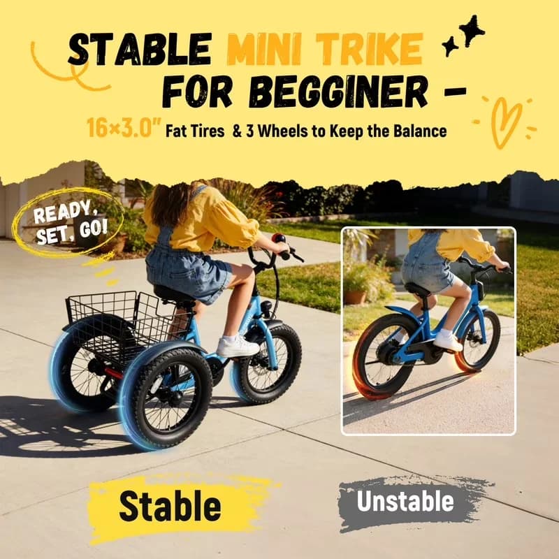 Electric Bike Stylish with Battery, 500W, T300mini Tricycle - Blue - Traditional Style Model F0C43C