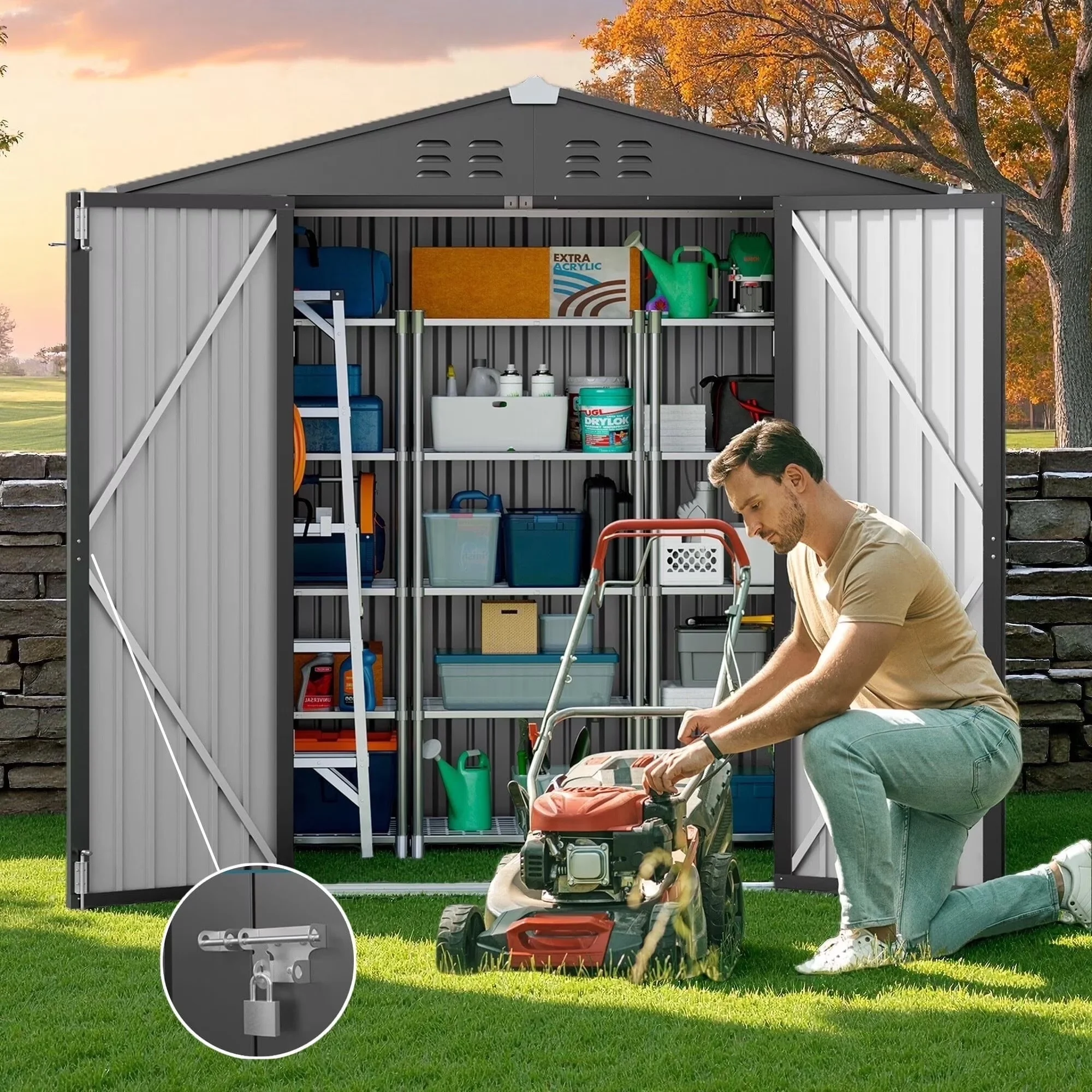 Shed Reliable with Uv Resistant, Tool shed size: 78.3 "L x 50 "W x 74" H. - Gray Metal Model 0E8DEA