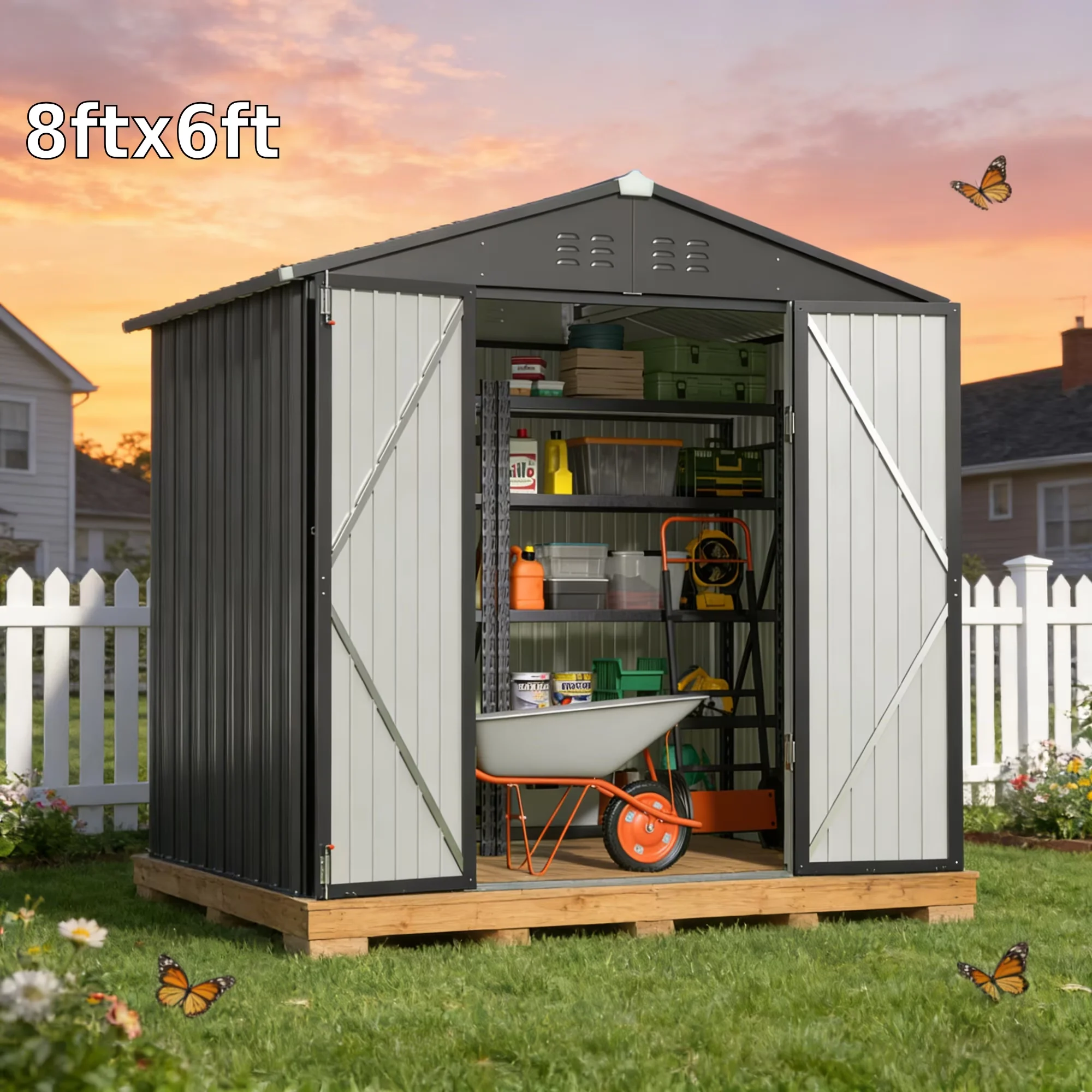 Efficient Shed with Waterproof, 8' x 6' Outdoor Storage - Gray-8X6Ft Metal for Patio, Garden Model C46BE8