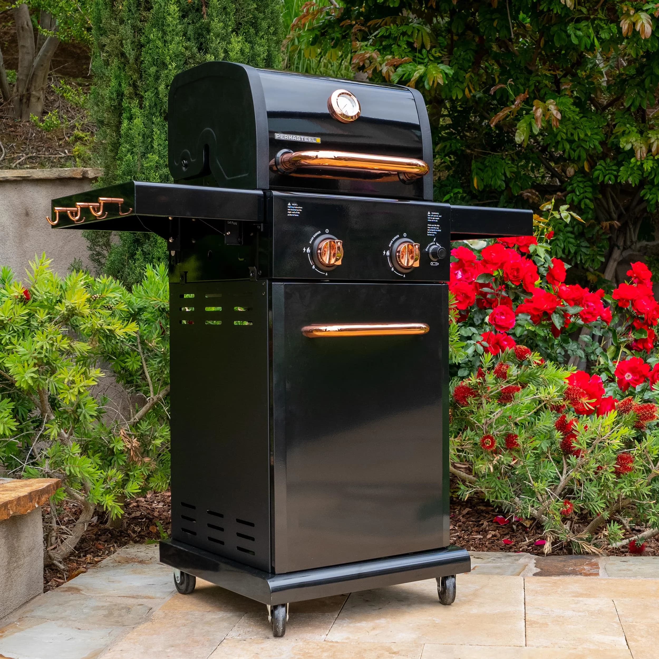 Compact Gas Grill with Tool Holder, Warming Rack, 2-Burner Compact Propane - Steel Model B506EB