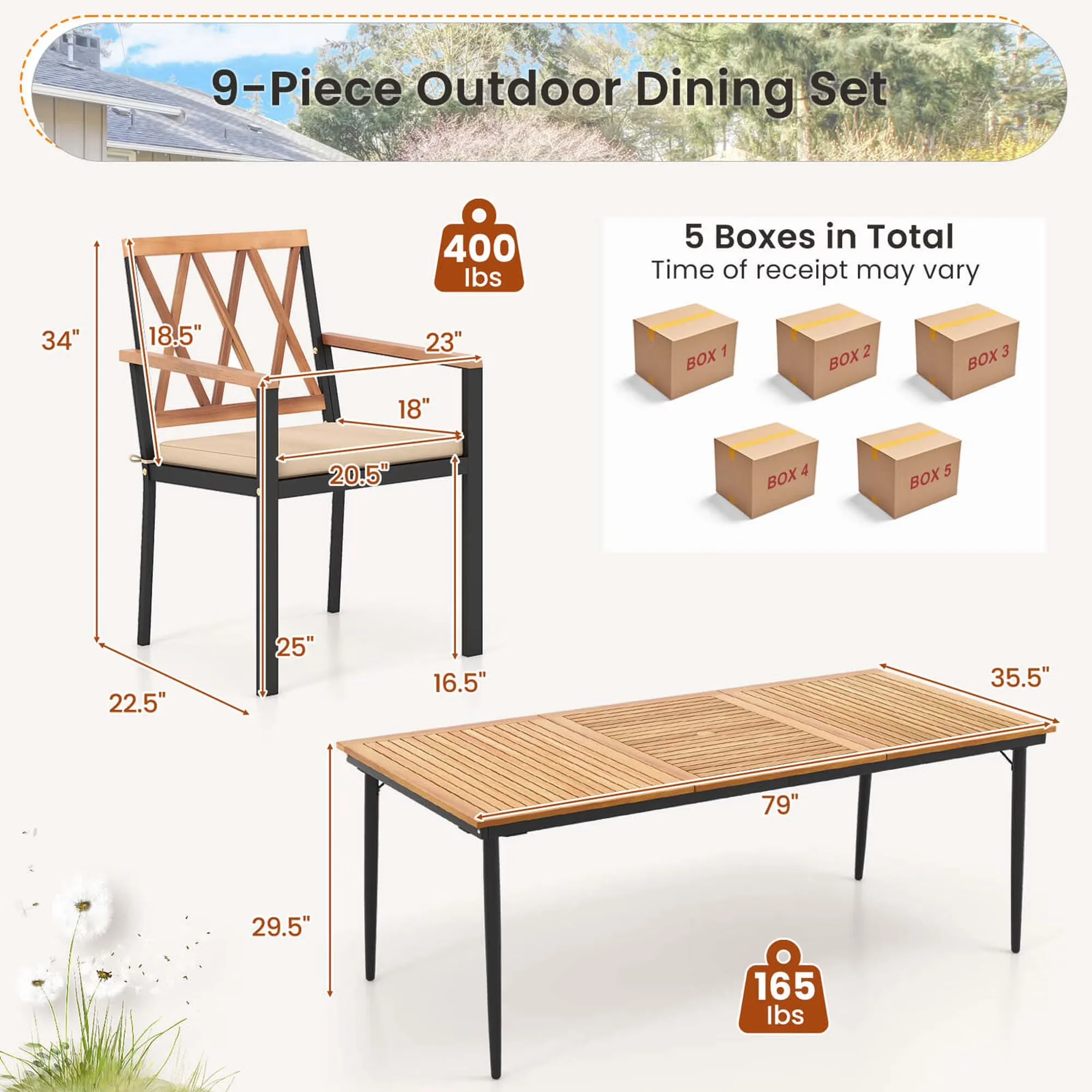 Patio Dining Set Sleek with 9 PCS Table, 1.9" Umbrella Hole & 8 Chairs Outdoor - Off-White Acacia Wood, Metal Model 4762B9