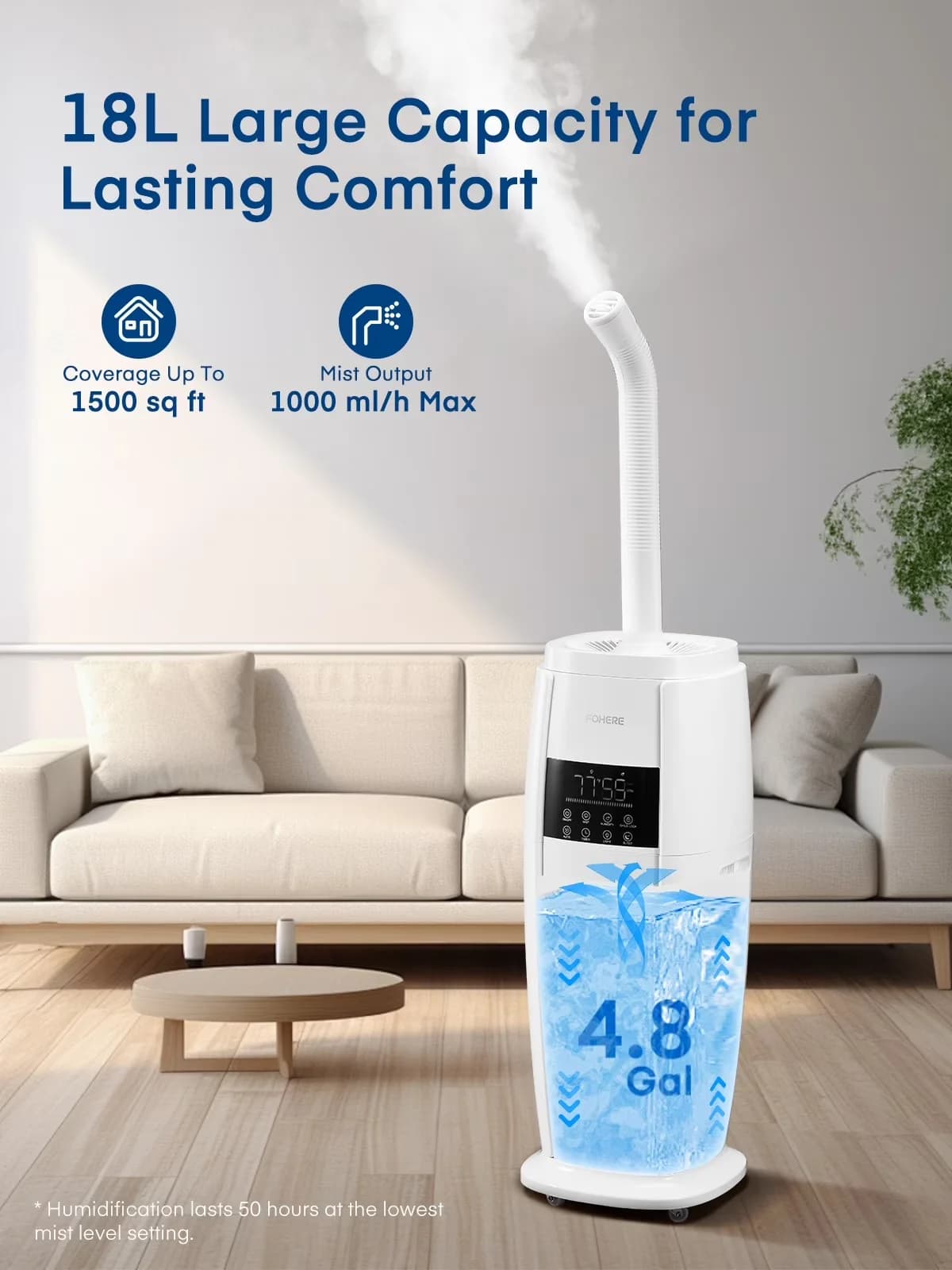 Reliable Humidifier with 24 Timer, 4.8Gal/18L Top Fill Cool Mist Tower, Quiet - White Model 60B4EE