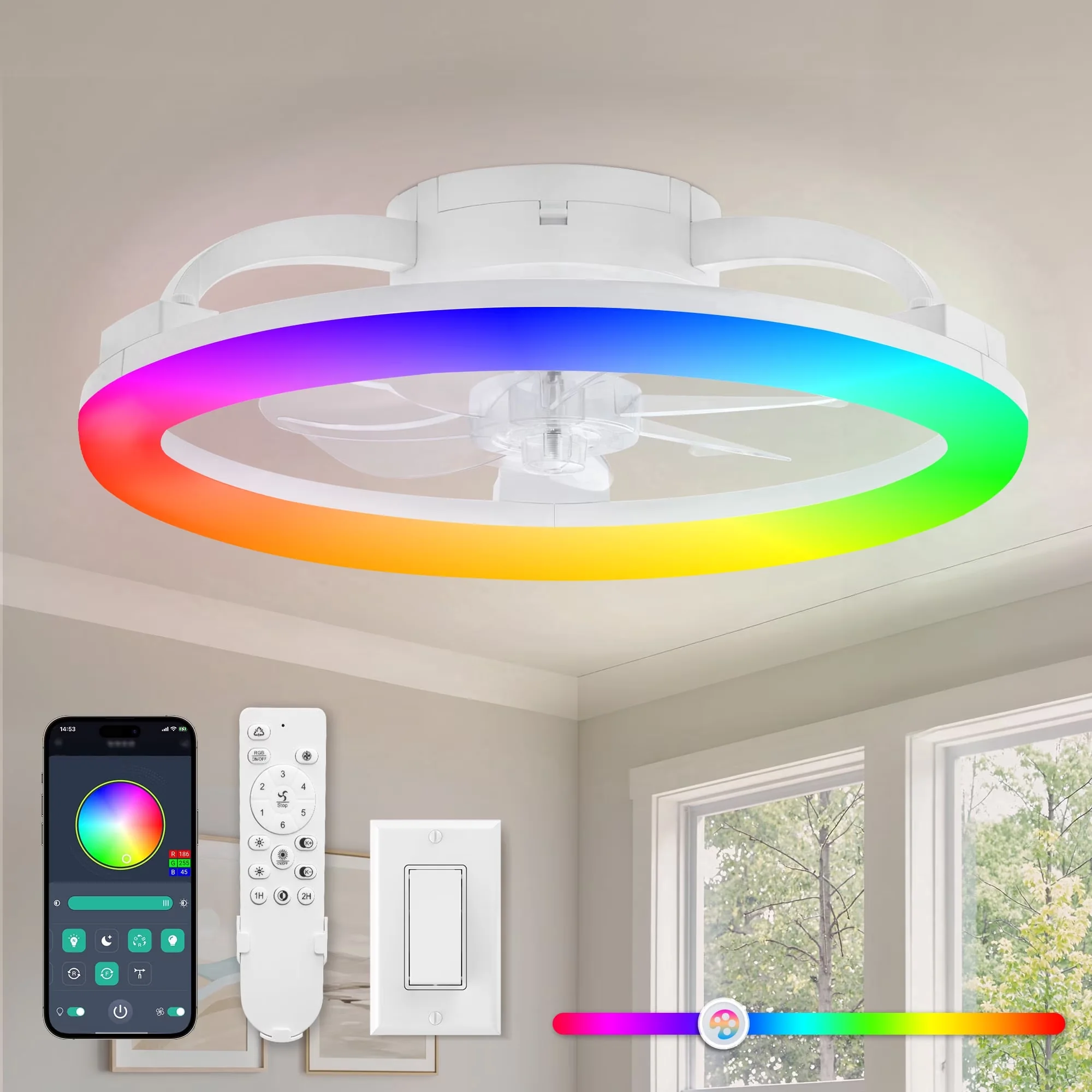 Ceiling Fan Sleek with LED, Color Changing, 20" Modern RGB - White - Modern Design Model 566A9C