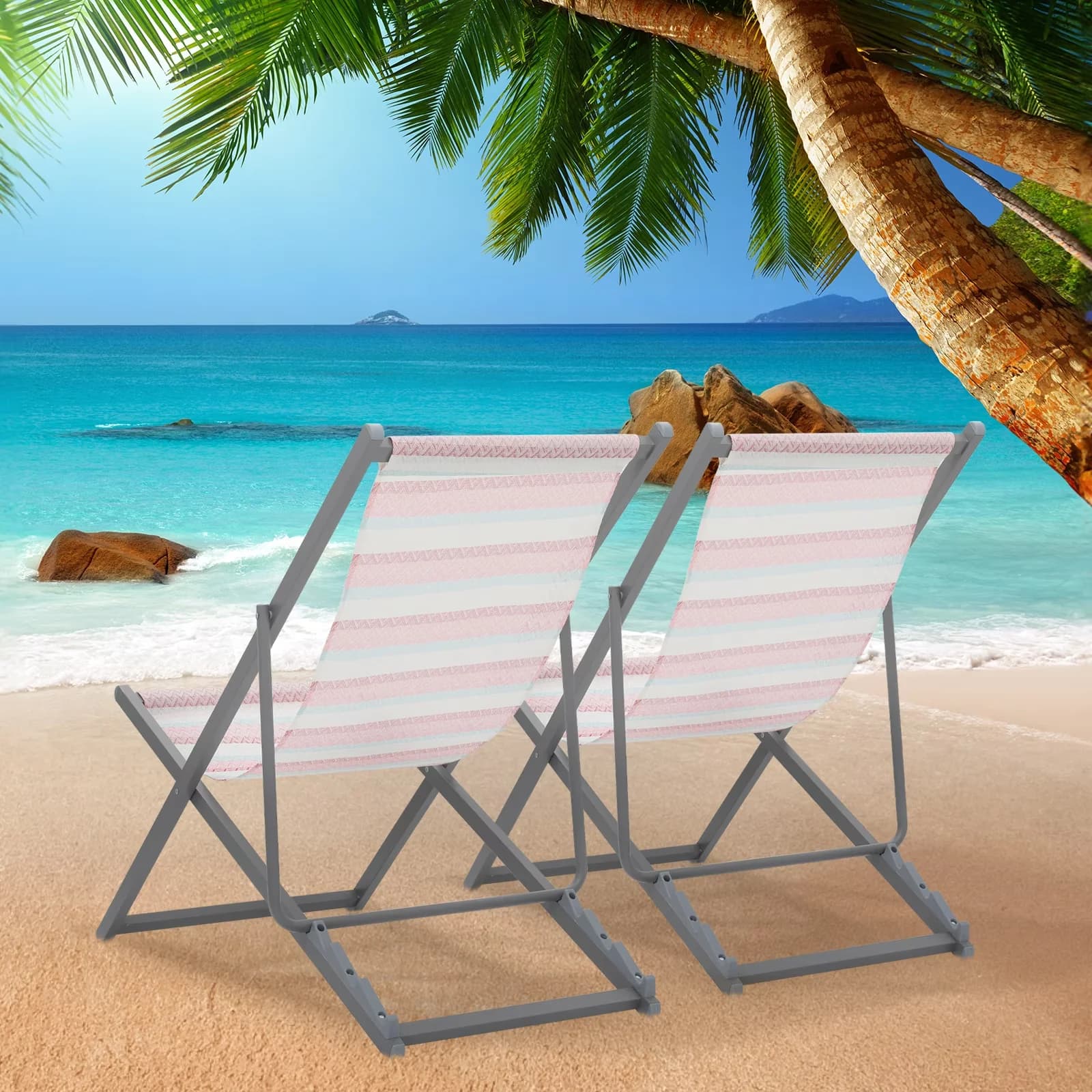 Efficient Beach Chair with Adjustable, Folding, Folding Chairs Set of 2 - Teslin Fabric Blue Model F59376