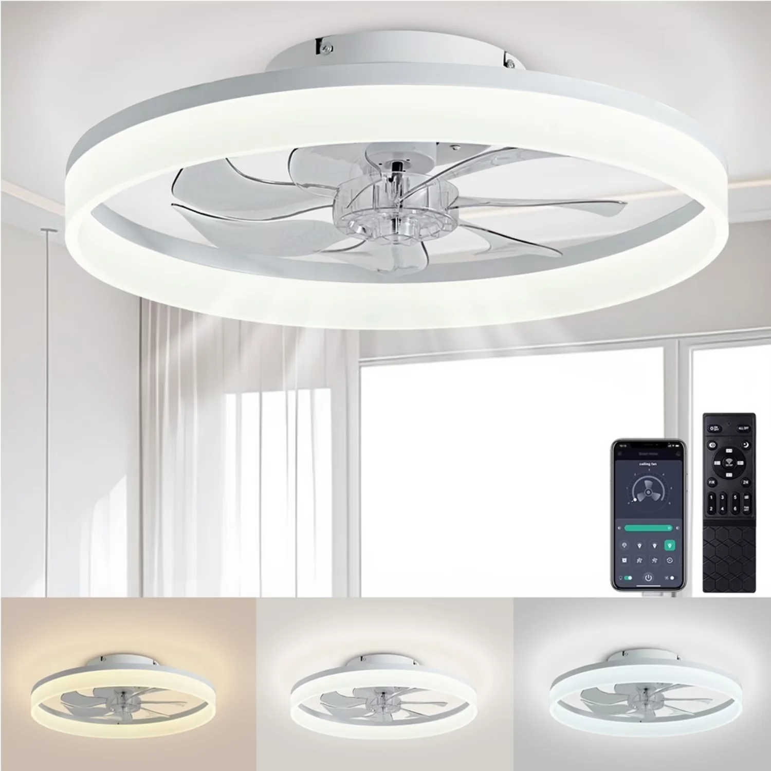 Stylish Ceiling Fan with LED, Bluetooth Compatible - White for Living Room, Bedroom Model 89F108