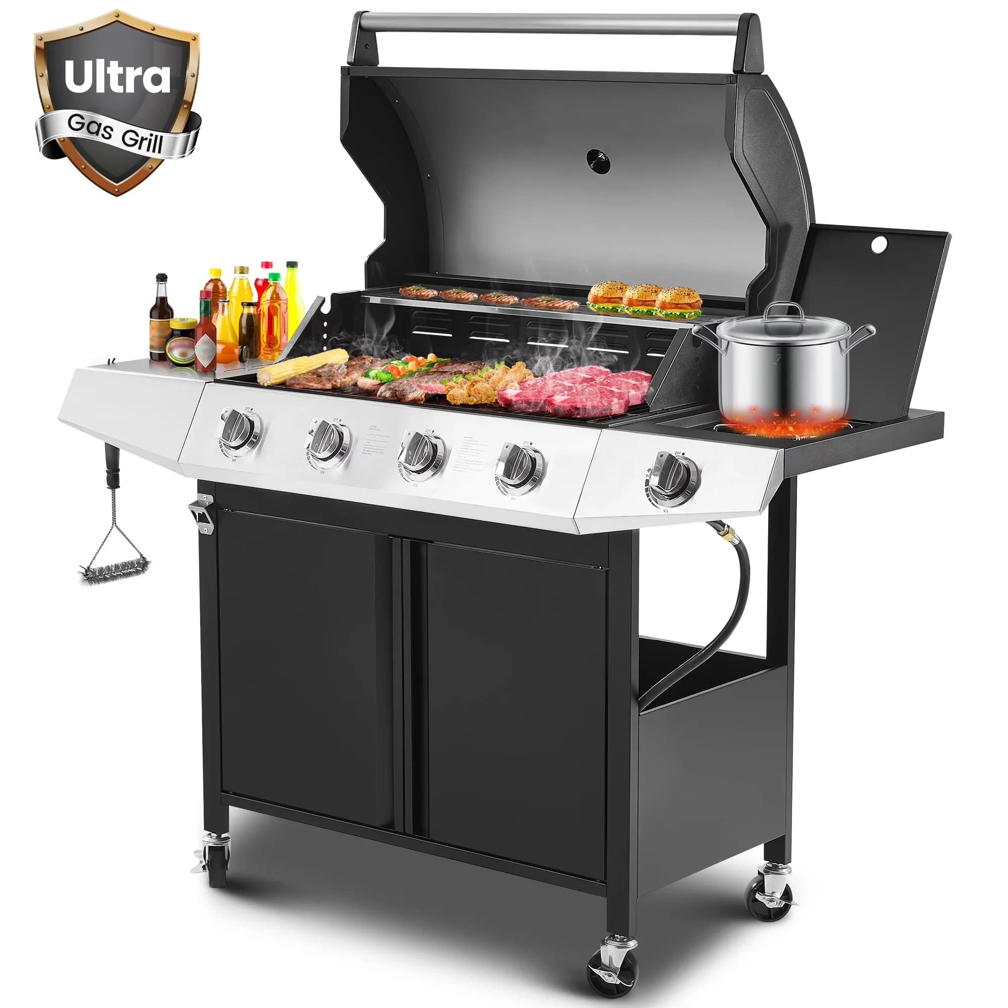 Modern Gas Grill with 50000 BTU, Enameled cast iron cooking grate, 566 sq.in Cooking Area - Stainless Steel for Outdoor, Party Model A9FA29