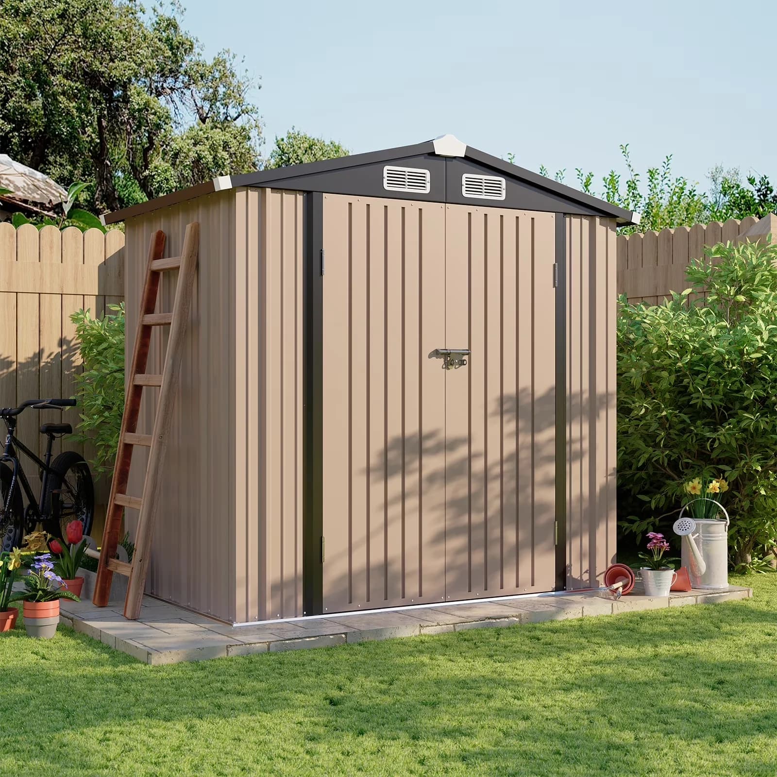 Shed Quality with Waterproof, 6x4 ft Outdoor Storage - Brown Metal for Garden Model C023BD