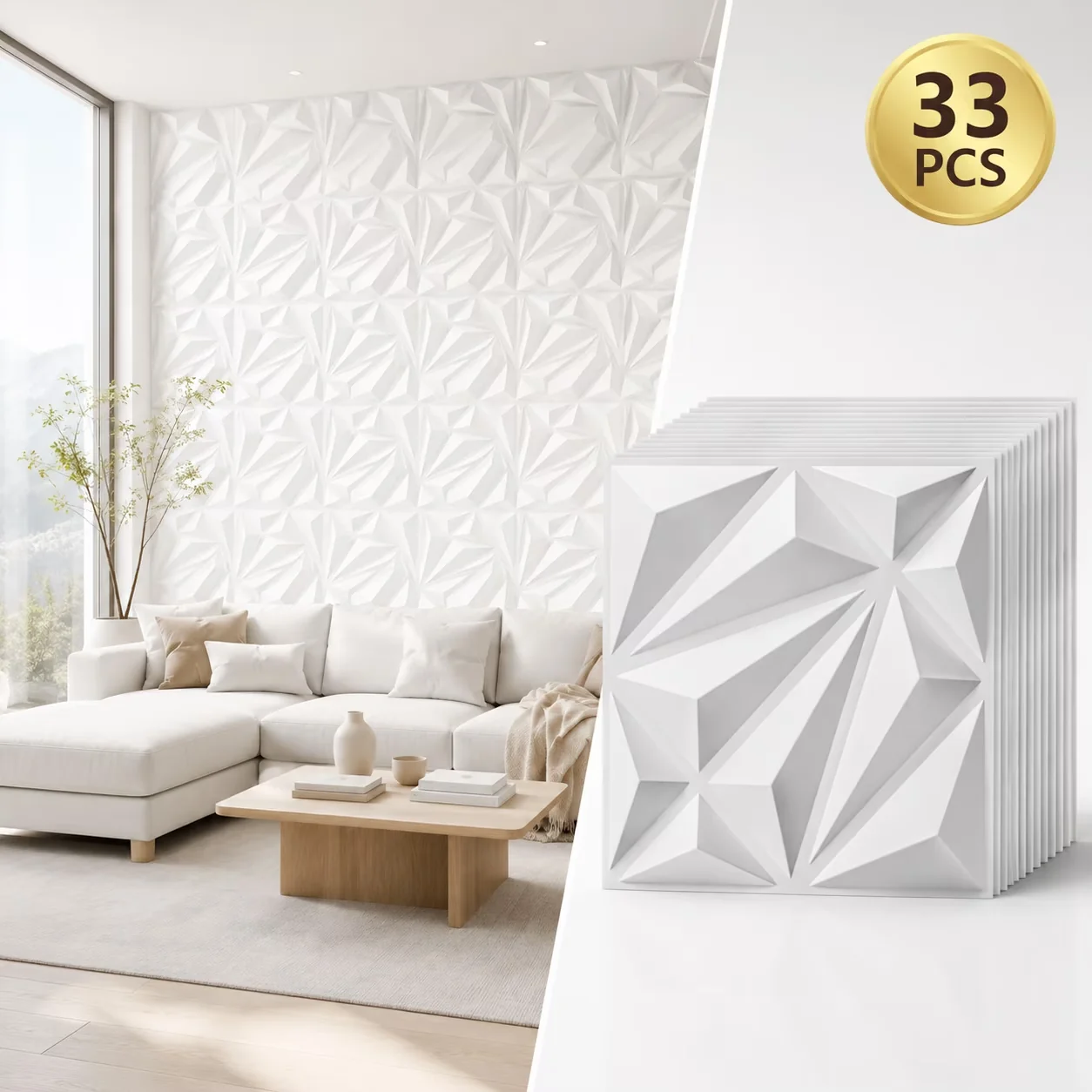 Efficient Wallpaper Wall Decals Wall Covering with Waterproof, 11.8"x11.8" Diamond Pattern Accent, 33-Pack White PVC 3D Panel Set -... Model 642430