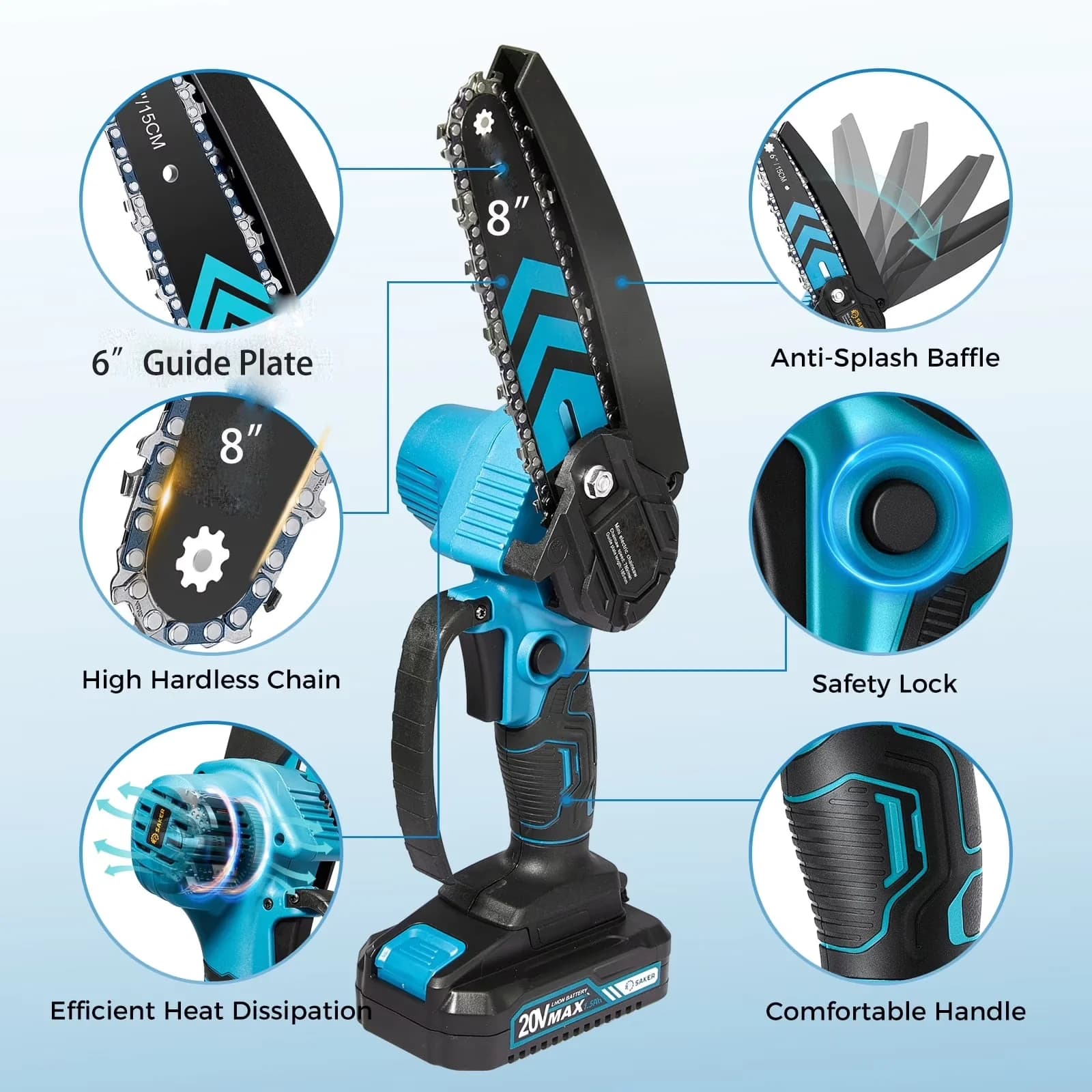 Premium Chainsaw with Battery, Automatic Chain Oiler, 8-Inch Cordless - Blue Model 360A37